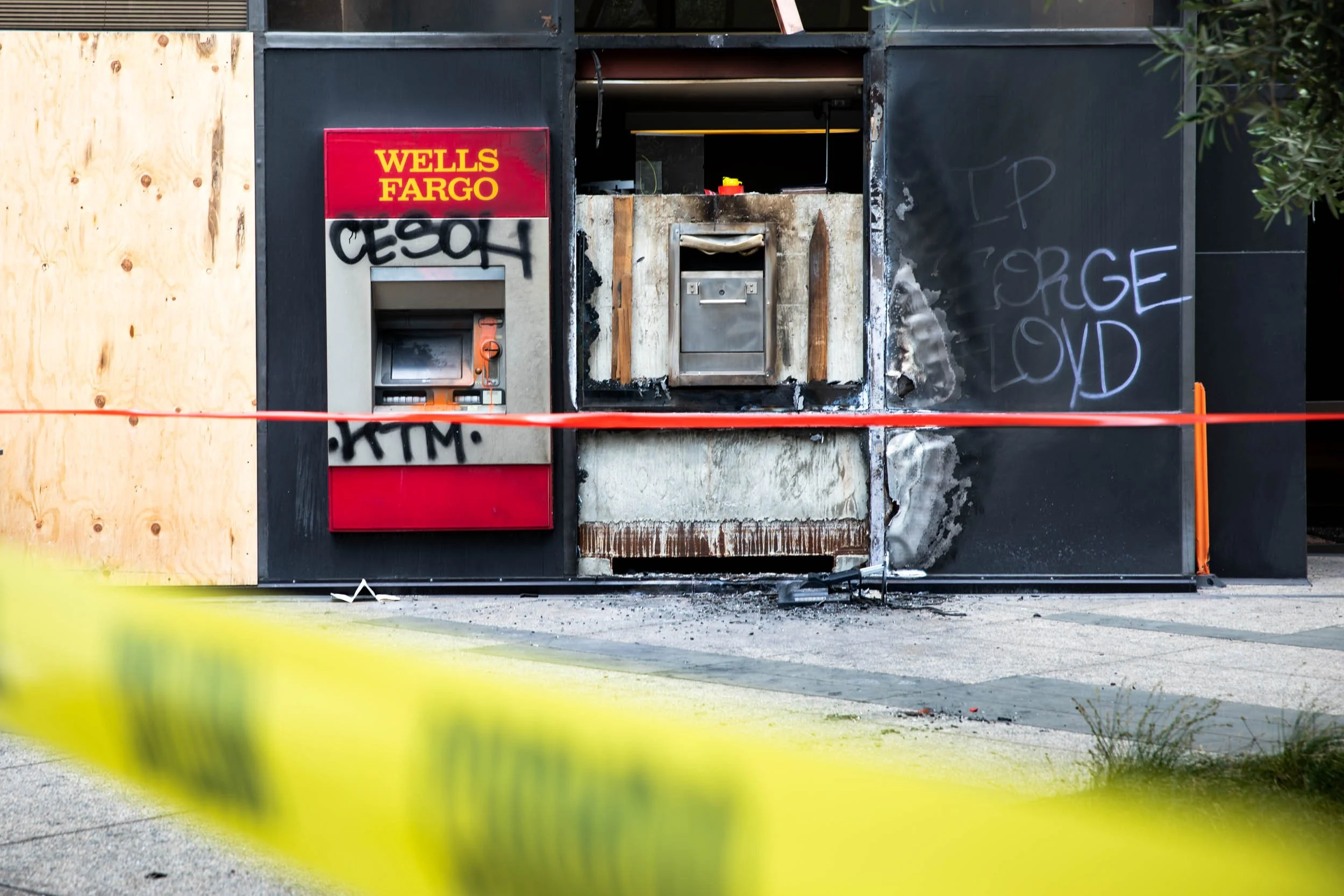 Photography of Oakland Anti-Trump Protest and George Floyd Riot vandalism of Wells Fargo bank