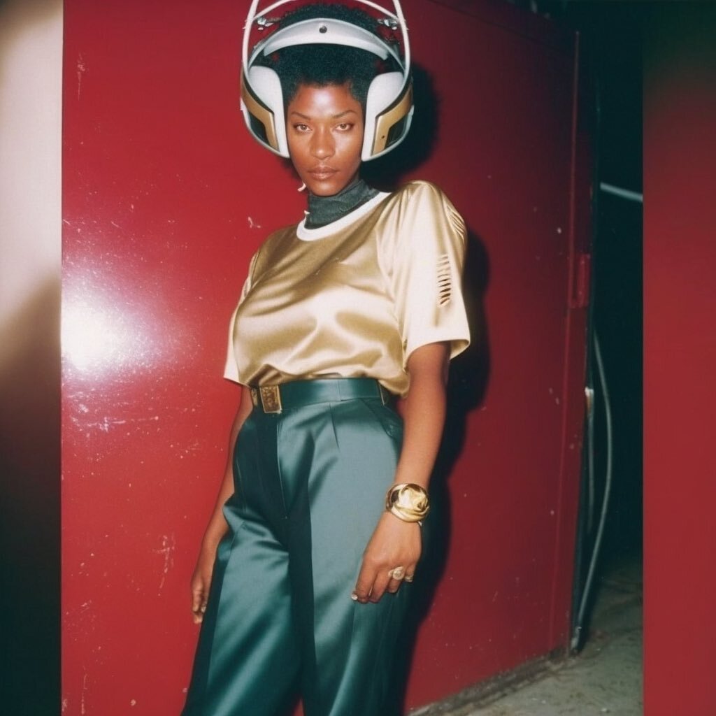 I wrote a prompt around a photo of my Mom in the 80s. 🖖🏾

#MidJourneyAI #HelmetCity