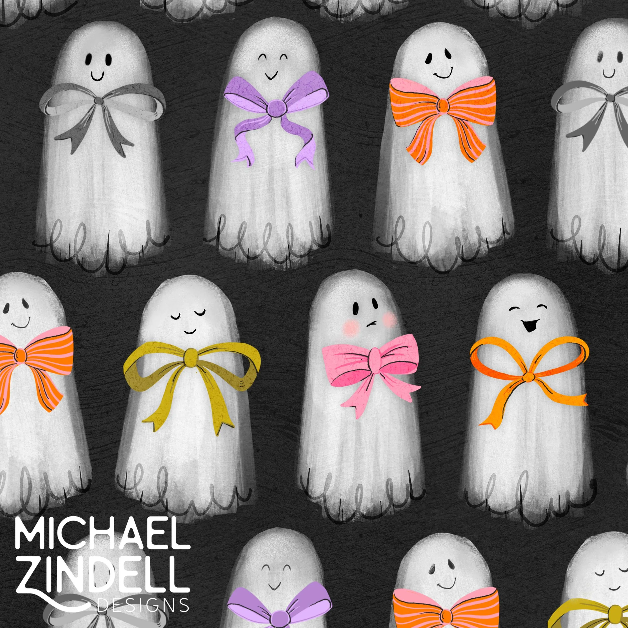 Pattern of cartoon ghost illustrations with different facial expressions, colorful bows, and a black background.