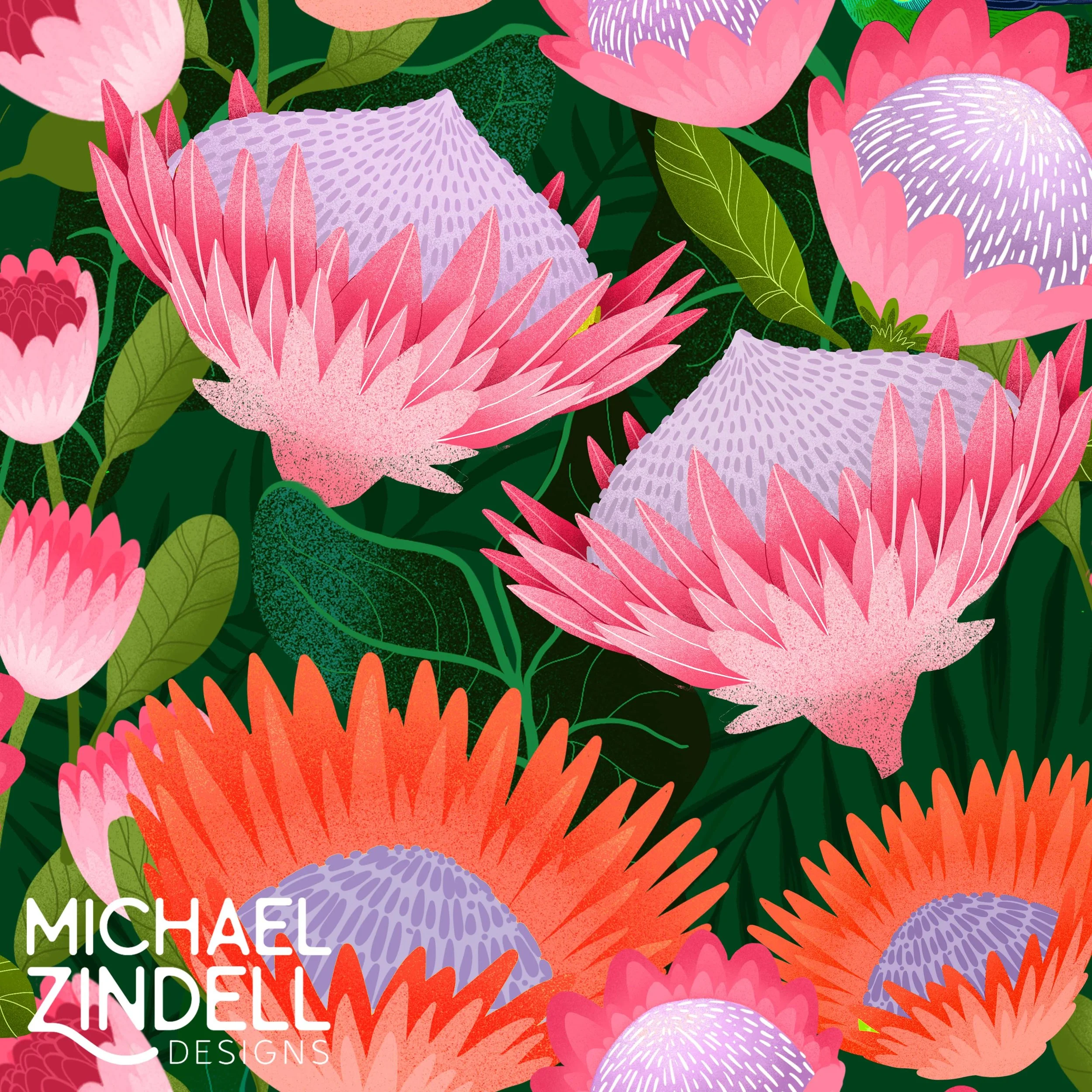 Bright floral pattern featuring pink, purple, and orange flowers with green leaves.