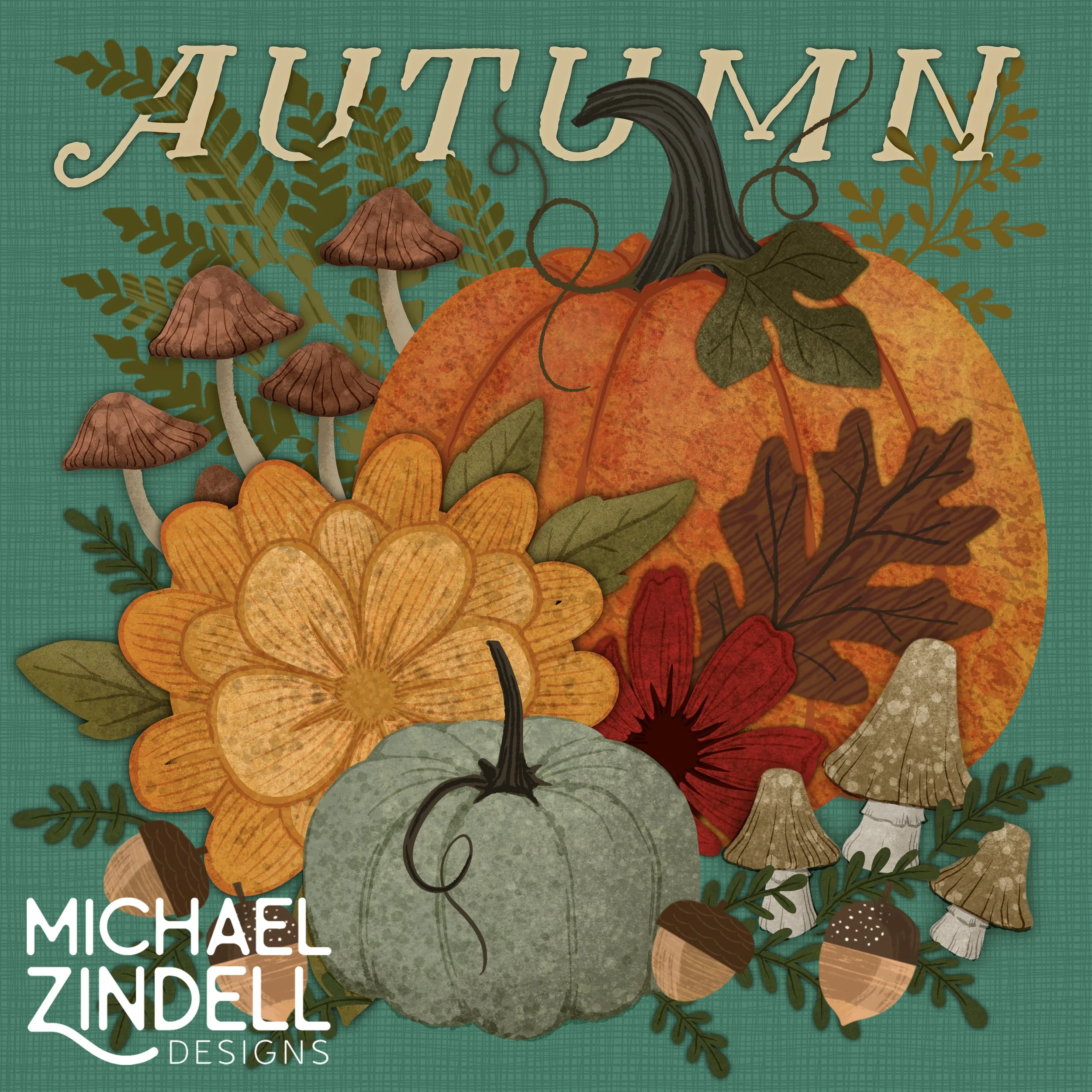 Autumn-themed digital illustration with pumpkins, mushrooms, leaves, fern, and vines, with text overlay reading 'Michael Zindel Designs'.