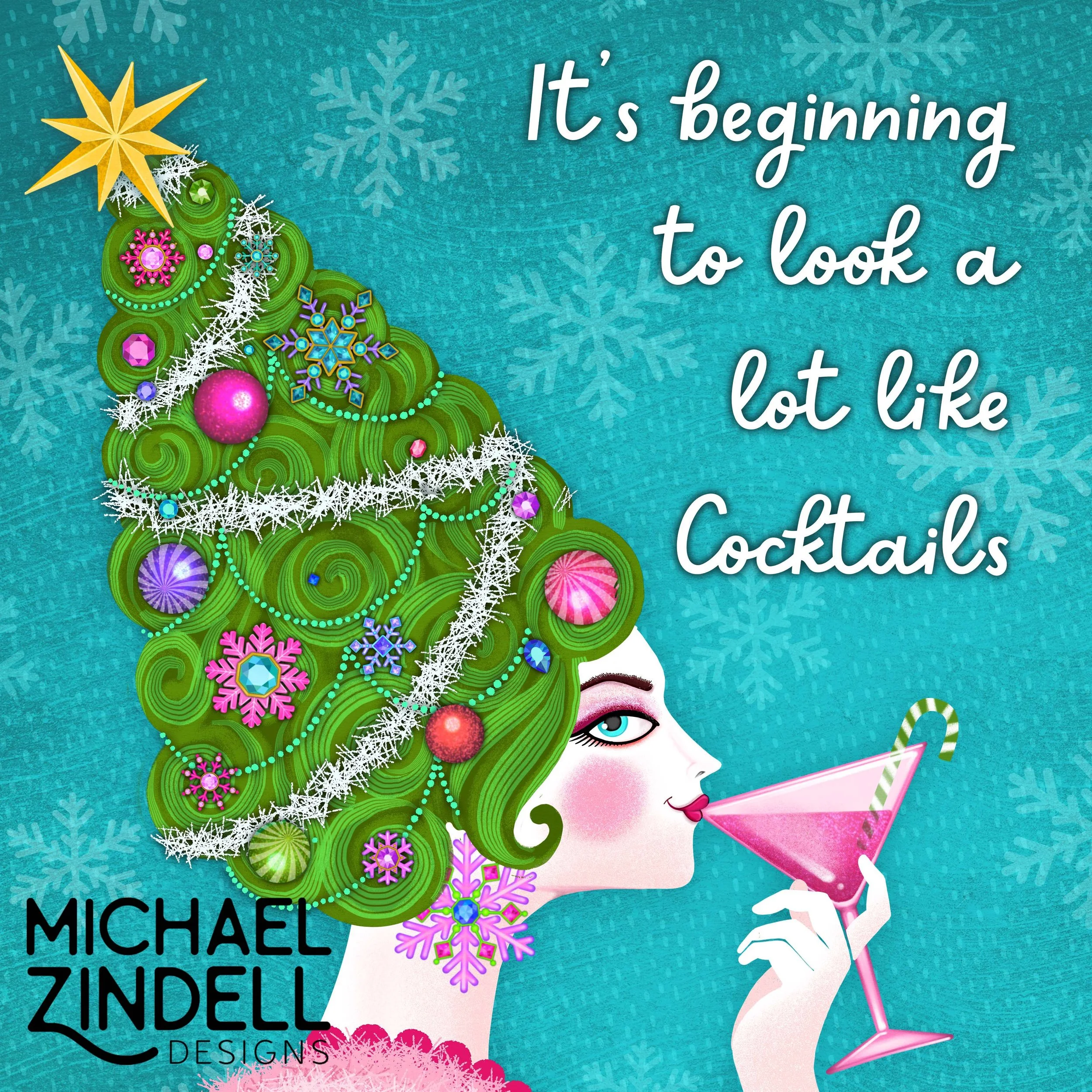 Brightly illustrated Christmas tree decorated with colorful ornaments, snowflakes, and a gold star on top, against a teal background with snowflake patterns and partial view of a woman holding a pink cocktail.