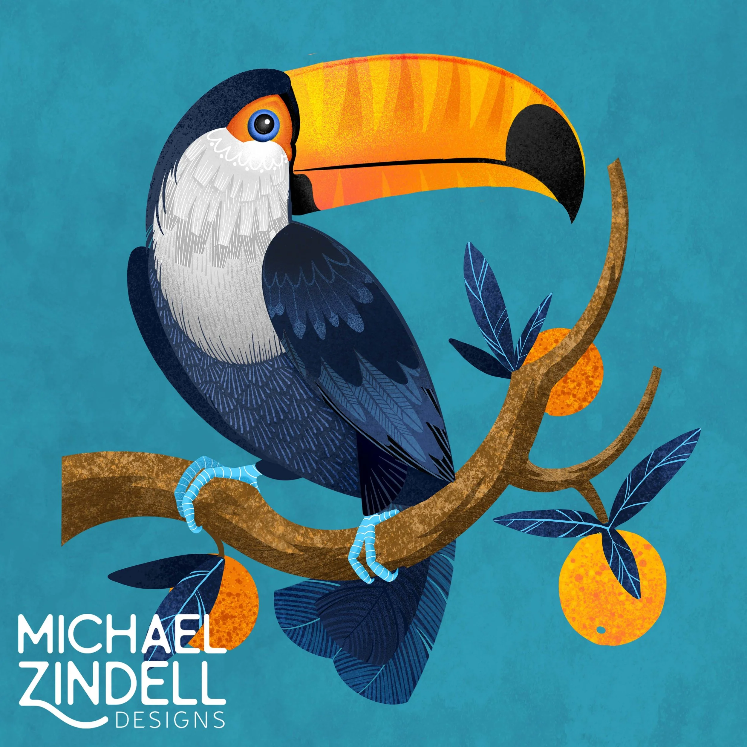 Illustration of a toucan perched on a branch with leaves and oranges, set against a teal background, with 'Michael Zindell Designs' text in the lower left corner.