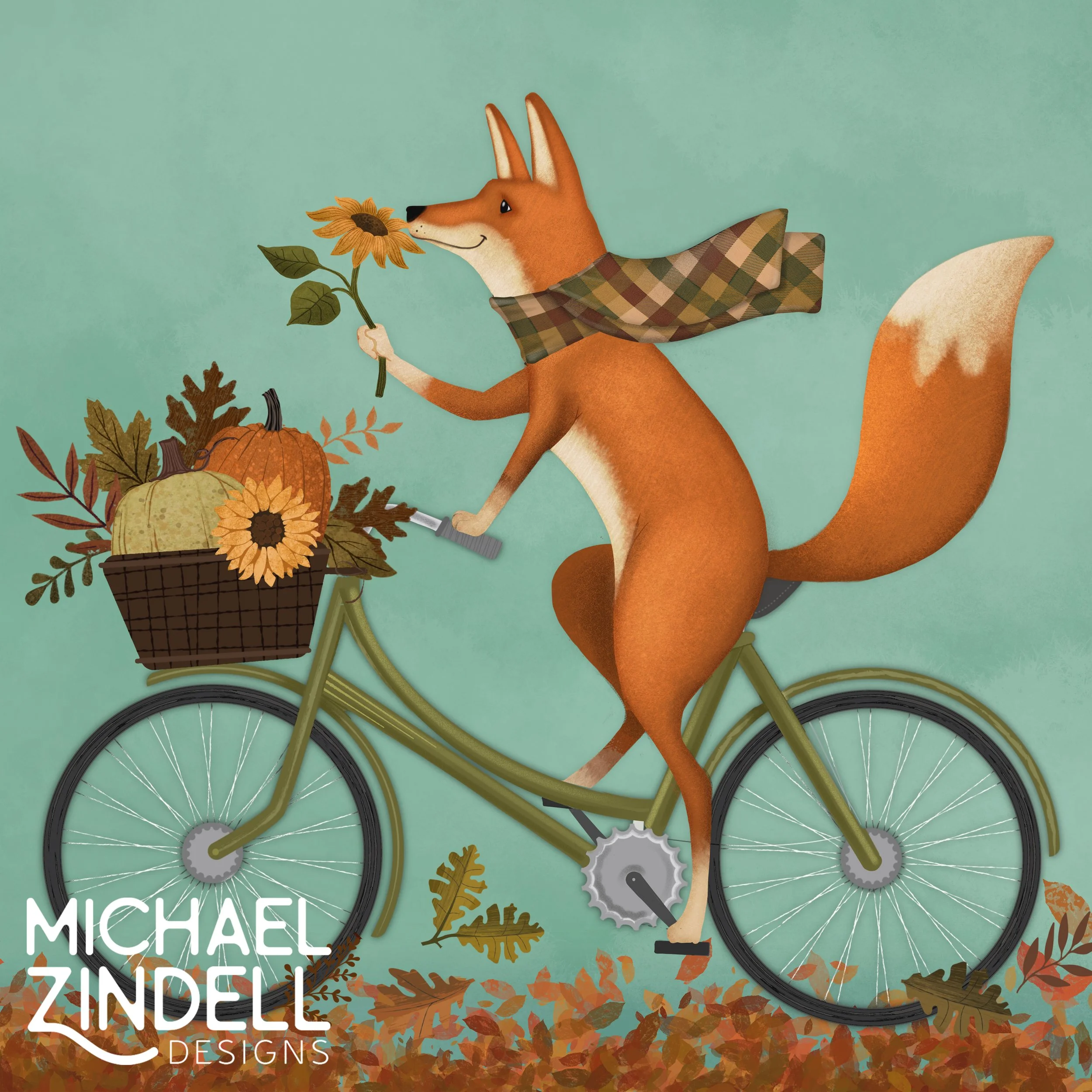 Cartoon fox wearing plaid scarf, holding sunflower, standing next to a green bicycle with a basket of pumpkins and autumn leaves in the background.