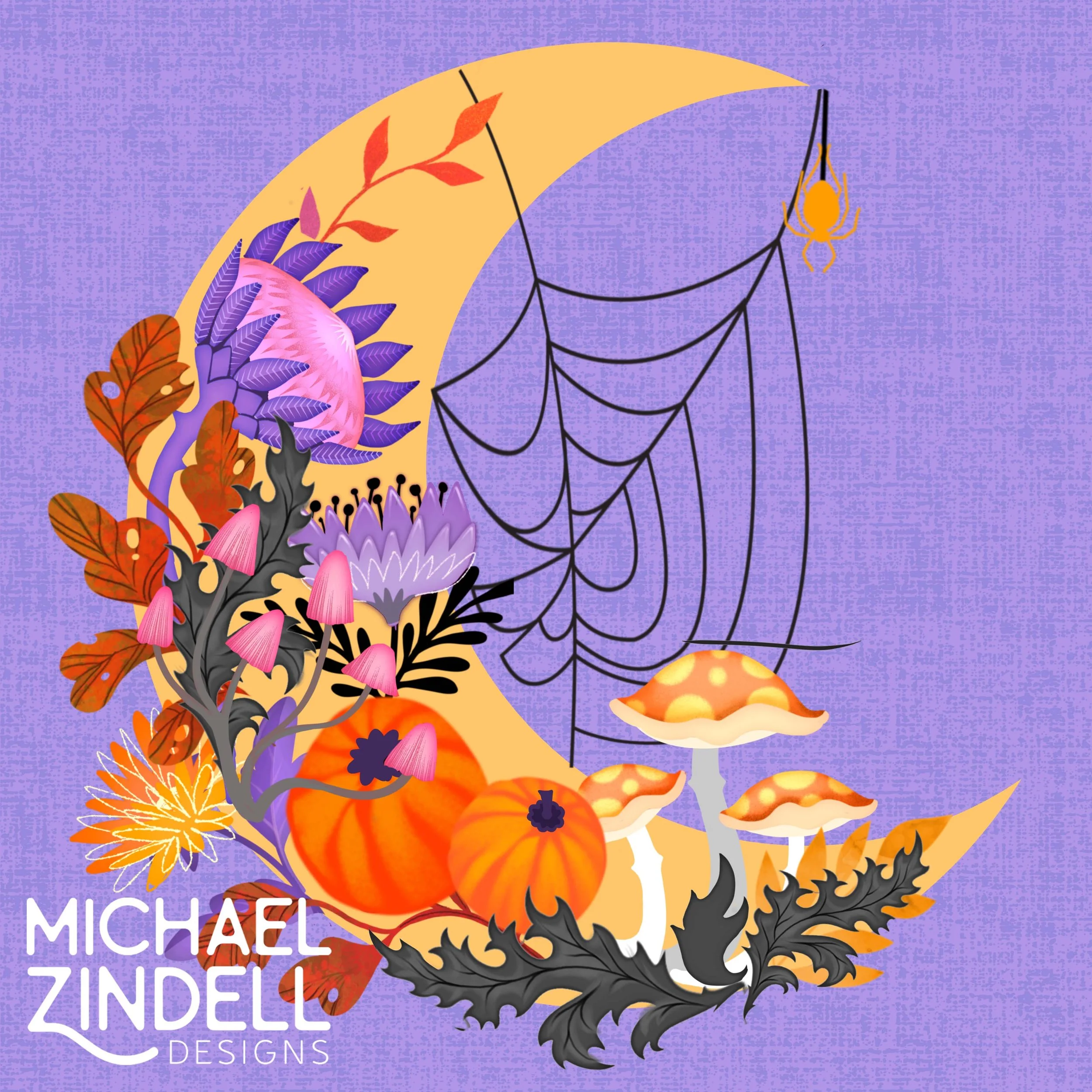 Halloween-themed digital illustration featuring pumpkins, colorful mushrooms, and purple foliage with a spider and web on a purple background.