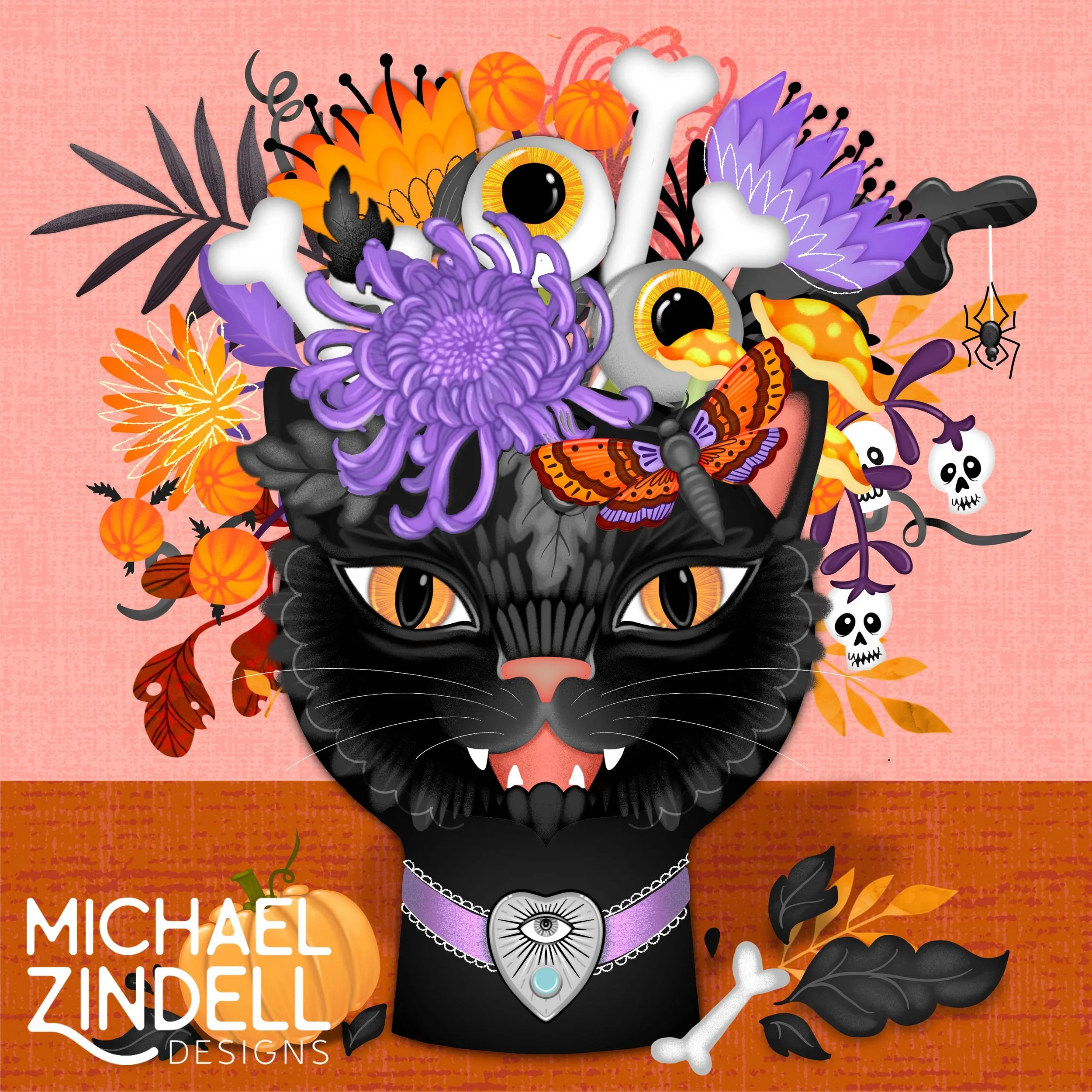 A Halloween-themed digital illustration of a black cat with orange eyes, wearing a purple collar with a silver pendant featuring an eye. The cat's head is decorated with various colorful Halloween elements including purple chrysanthemums, orange pumpkins, yellow and orange flowers, skulls, a butterfly, a spider, and bones, all set against a pink textured background.