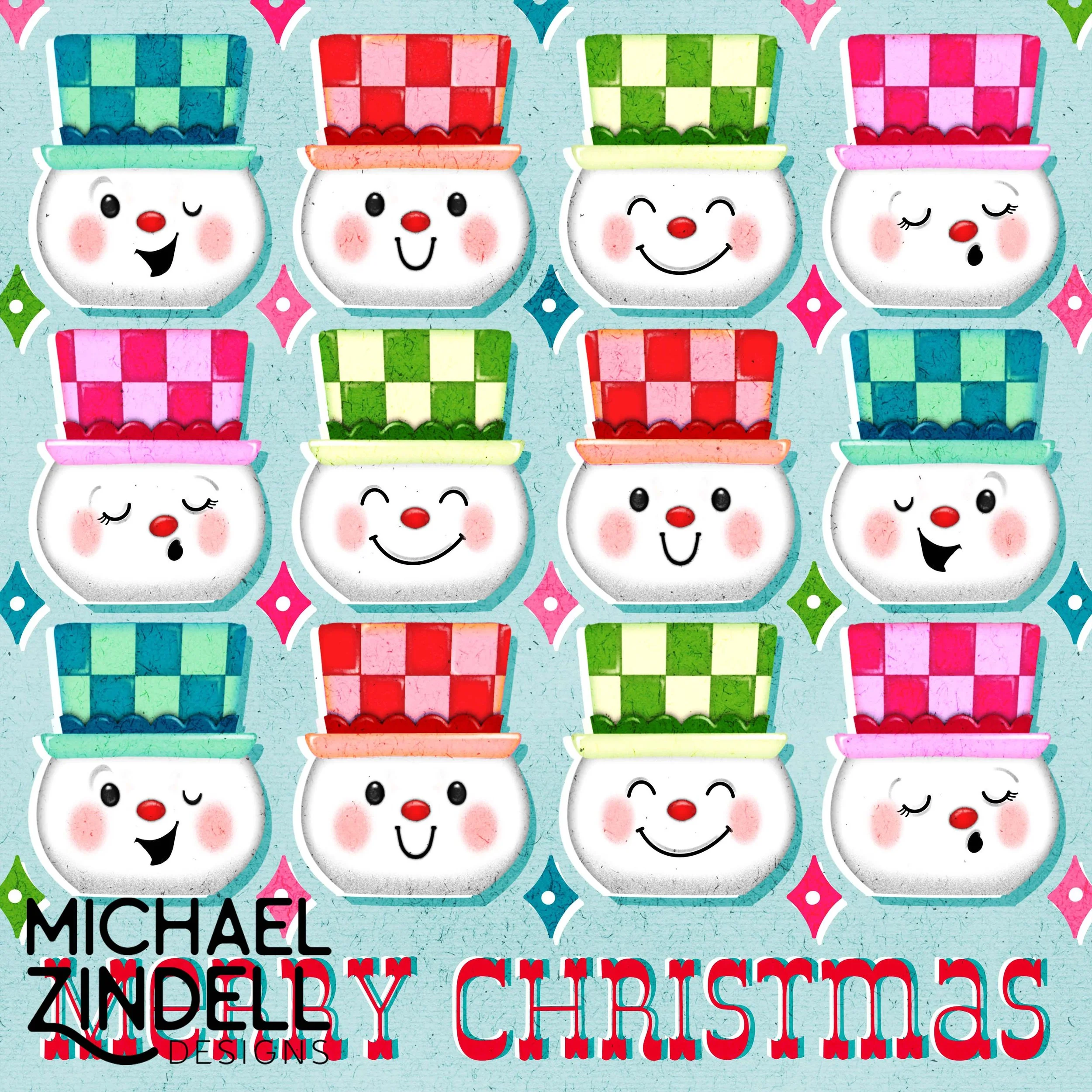 Pattern of cartoon snowmen with colorful hats and rosy cheeks, set against a light blue background, with partial text at the bottom reading "MICHAEL" and other colorful letters.