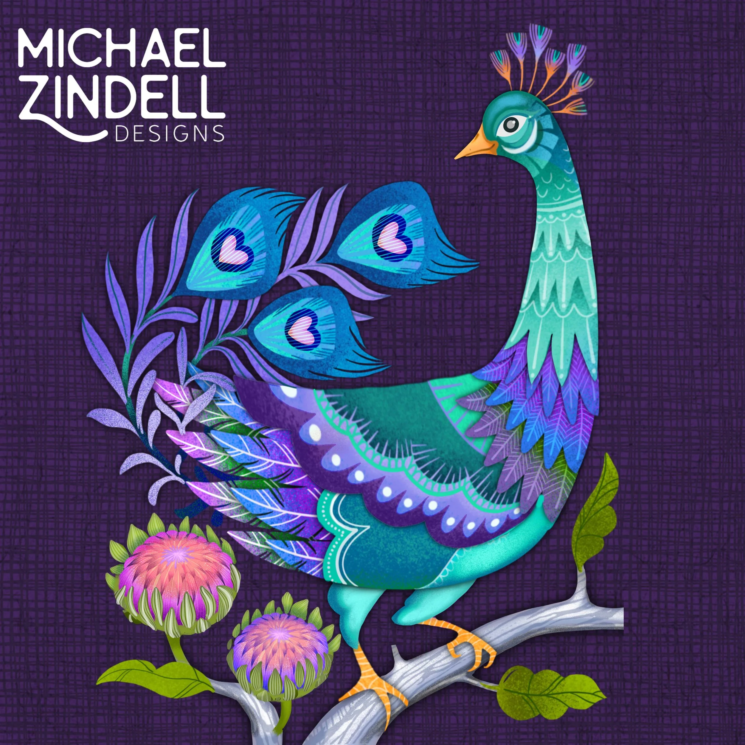 Colorful illustrated peacock with bright blue, green, purple feathers with heart patterns, perched on a branch with pink flowers and green leaves, set against purple textured background.