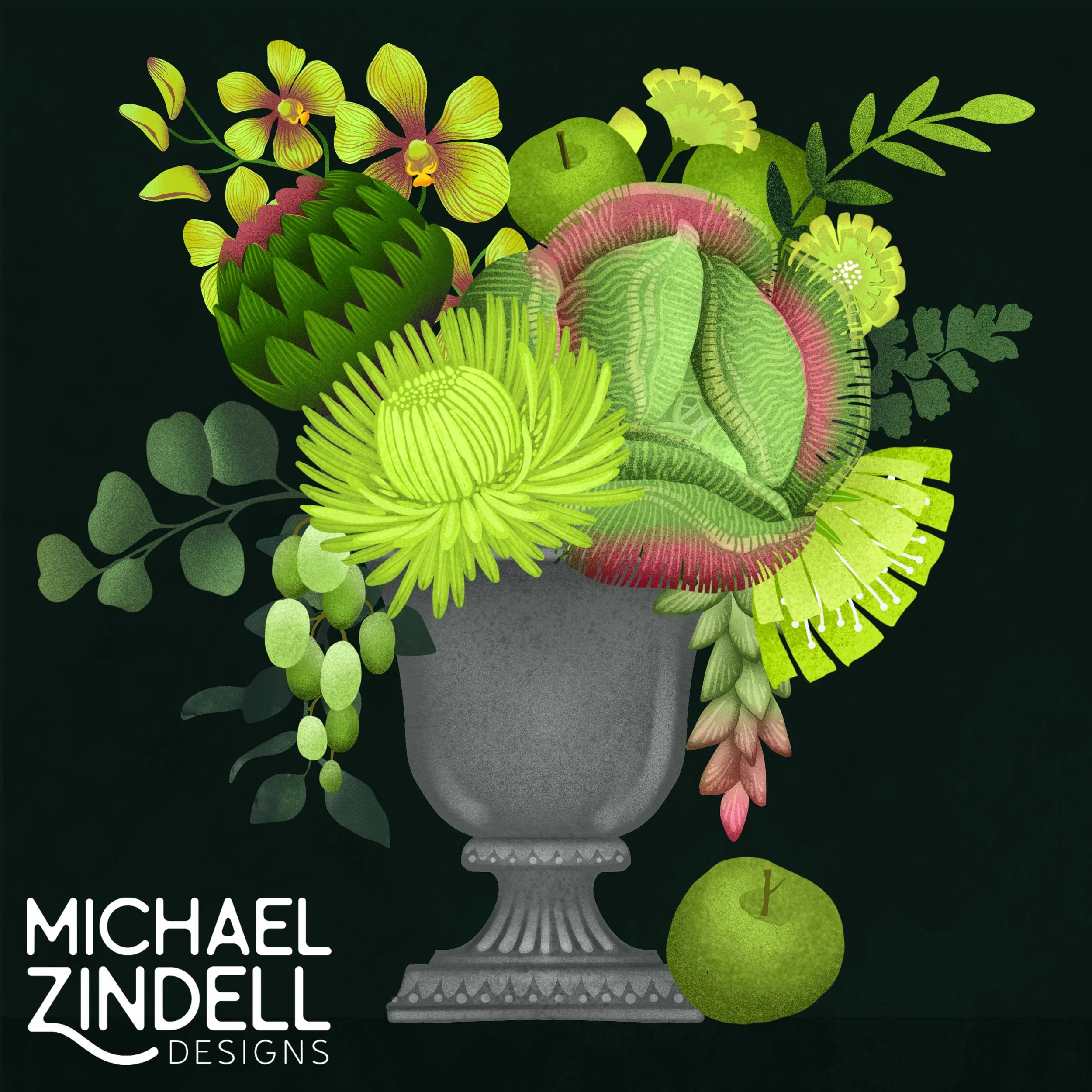 Digital illustration of a gray vase filled with a variety of bright green flowers, leaves, and foliage, with a dark background. The image includes text that reads 'MICHAEL ZINDELL DESIGNS' in white at the bottom left corner.