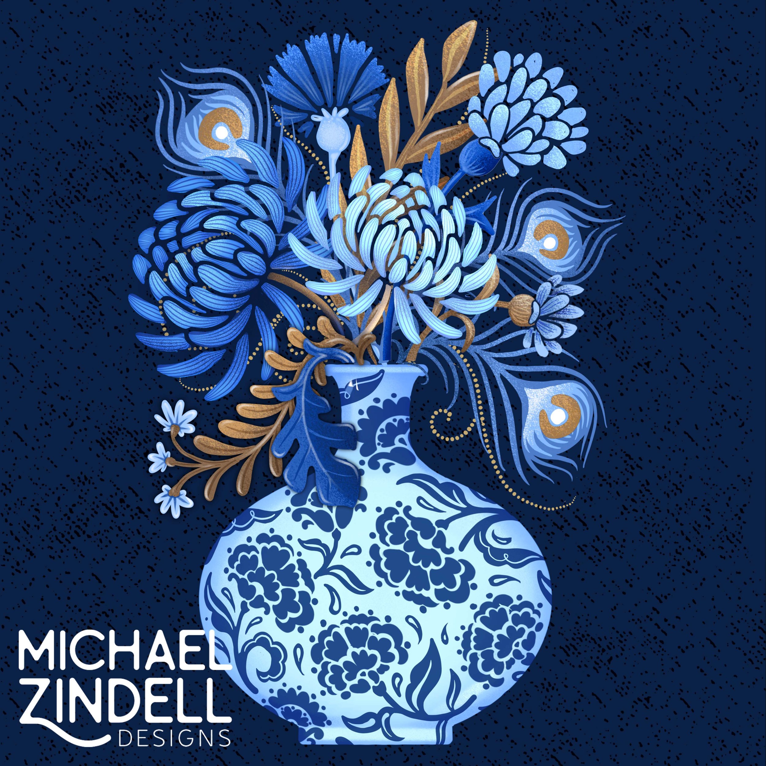 A blue and white floral pattern vase filled with blue, white, and gold flowers, set against a dark blue background with abstract dotted patterns. The image is a digital artwork by Michael Zindell Designs.