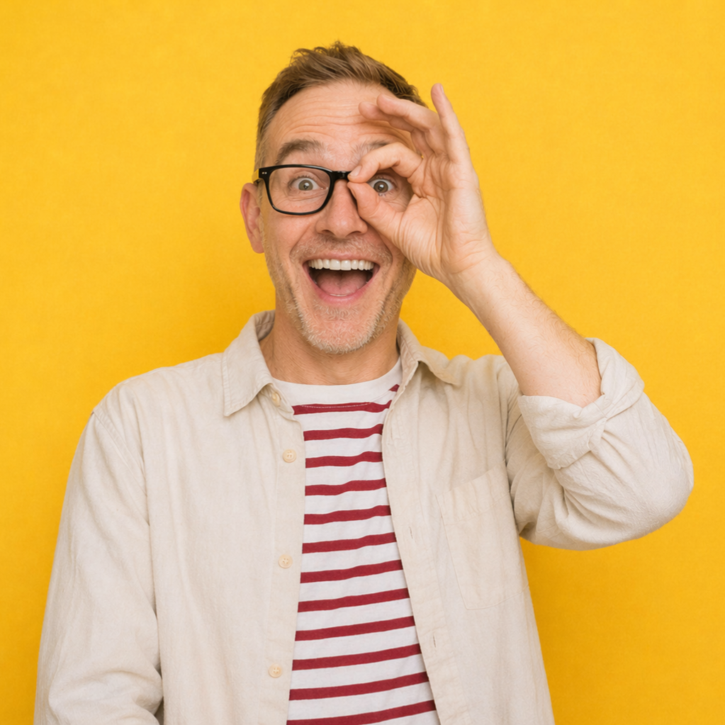 A middle-aged man with glasses, short hair, and a beard, smiling widely, making a circle with his fingers around his eye, in front of a yellow background, wearing a striped shirt under a light beige jacket.