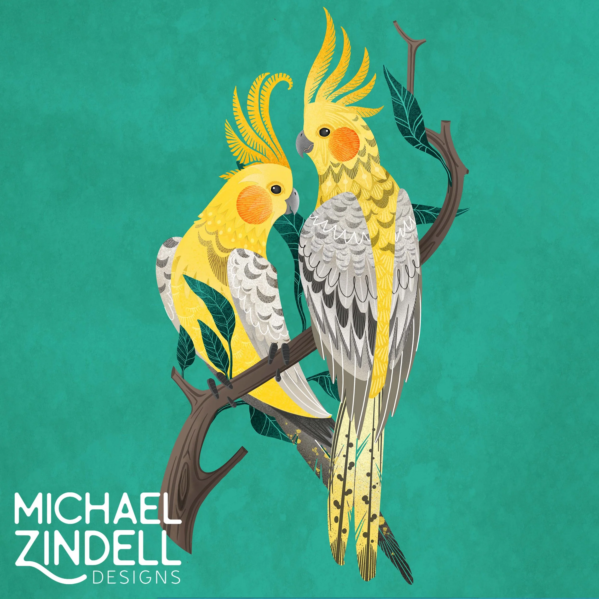 Illustration of two cockatoos perched on a branch with green leaves against a teal background.