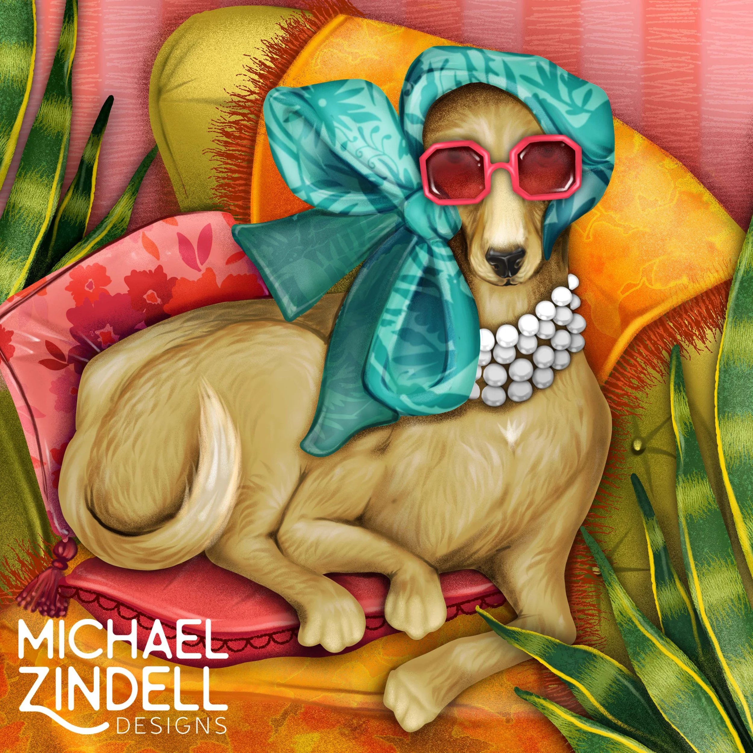 A dog wearing pink sunglasses, a teal patterned scarf, and a pearl necklace, lying on a colorful cushion surrounded by tropical plants.