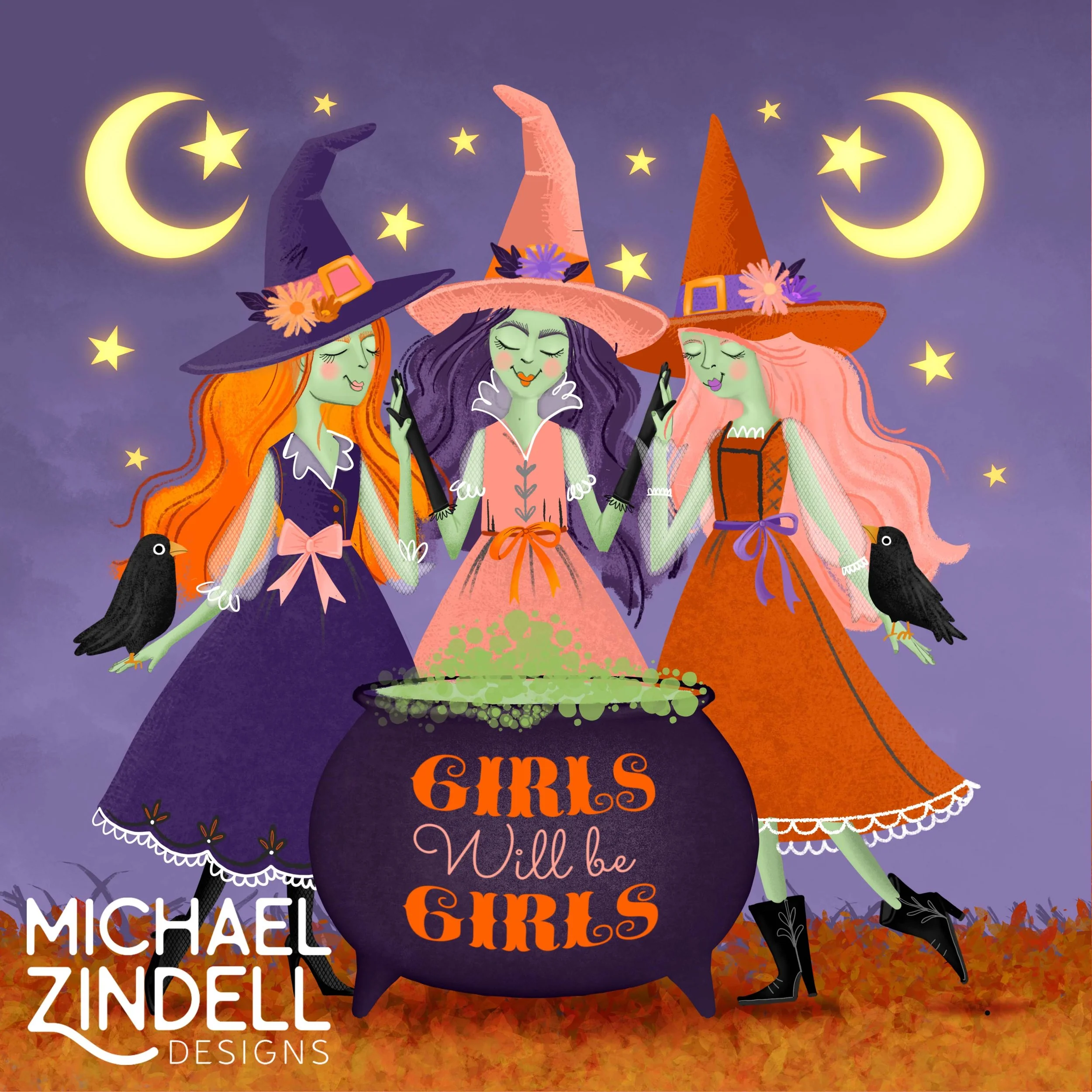 Three green-skinned witches with long, flowing hair, dressed in colorful dresses and pointed hats, standing around a bubbling cauldron with the words 'Girls Will Be Girls' written on it. The background features a purple night sky with yellow moons and stars, and the ground is covered with orange leaves.