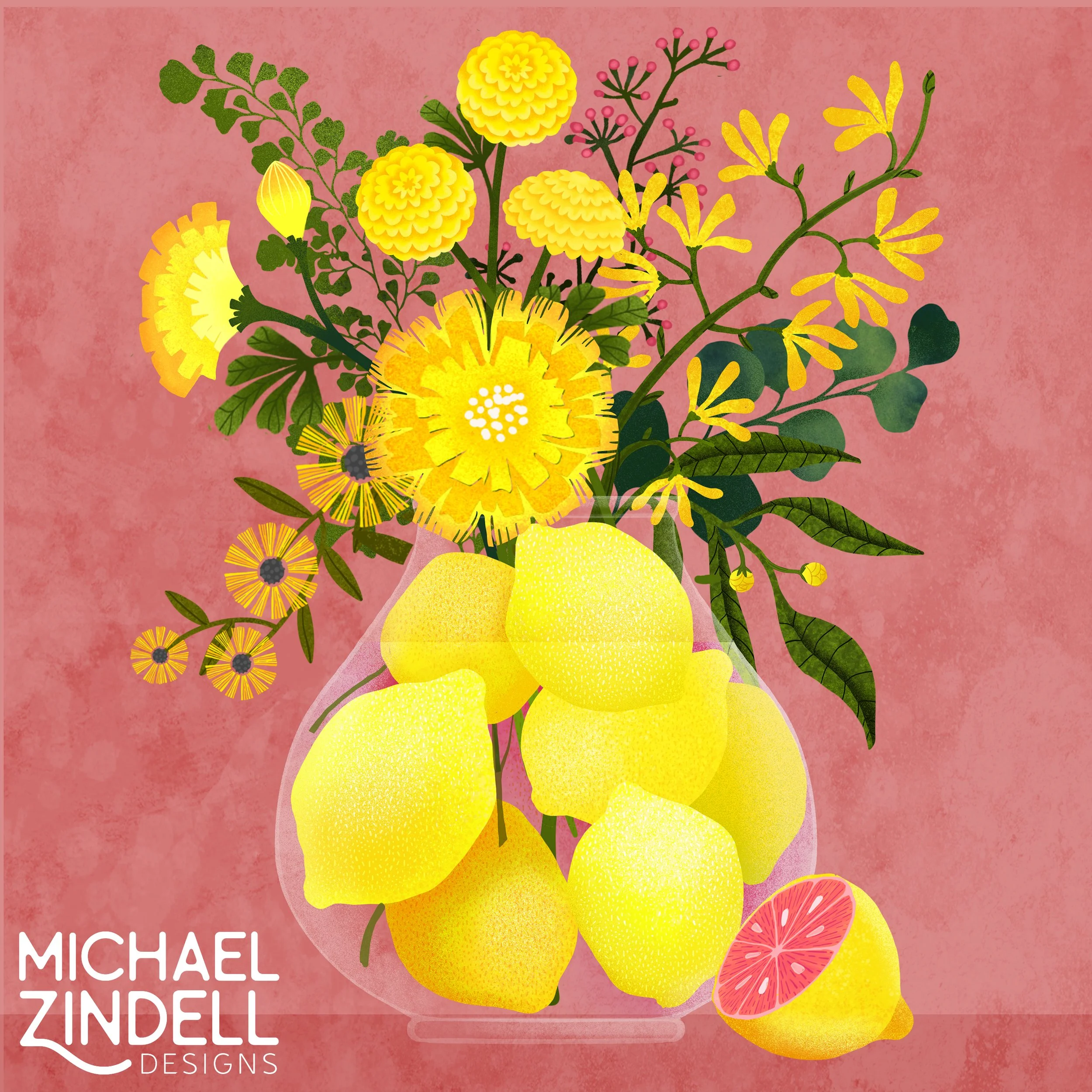 Illustration of a bouquet in a glass vase containing yellow lemons, various yellow flowers, and greenery, with a lemon and half a grapefruit in front of the vase against a pink background.