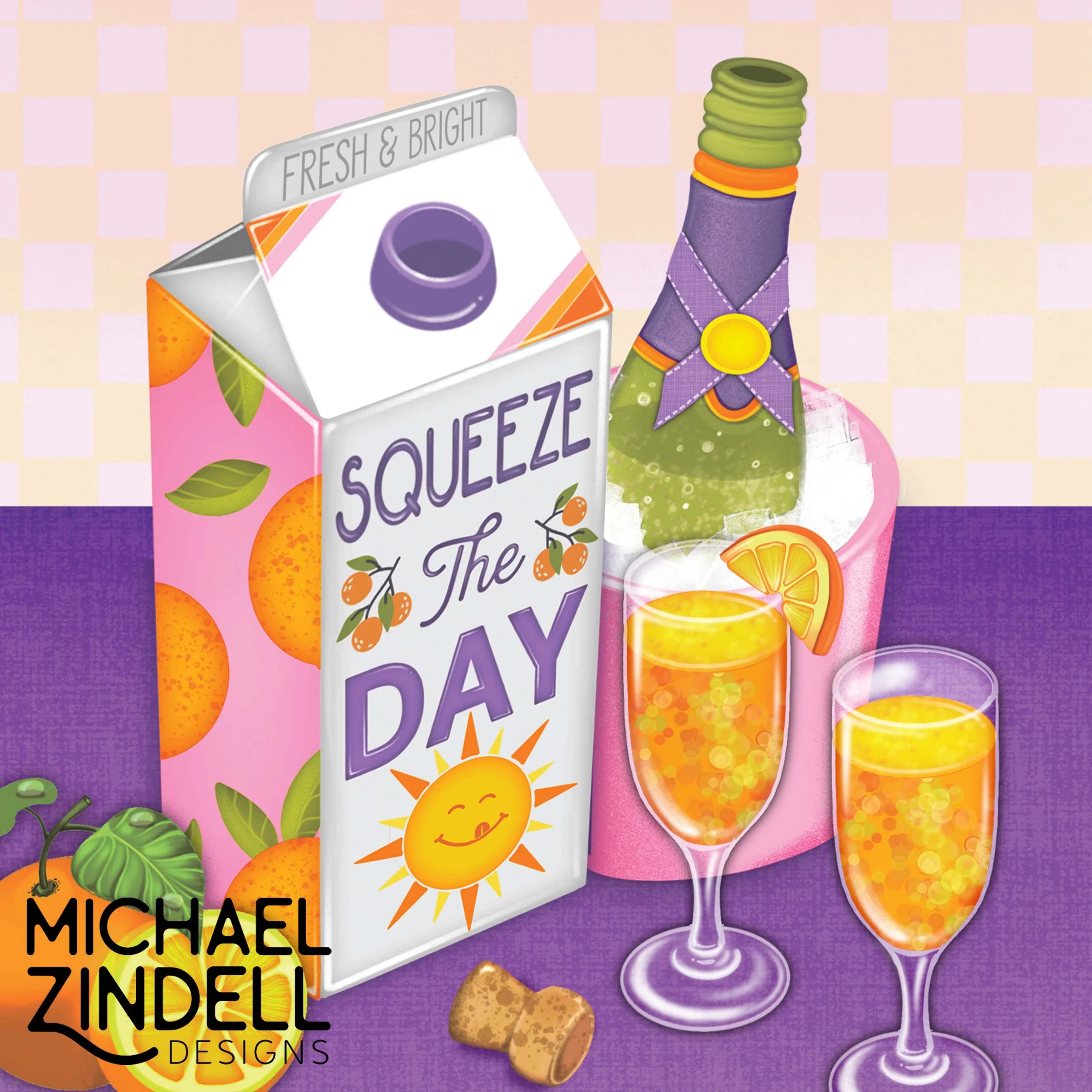 Colorful illustration featuring a carton of orange juice labeled "Juicez" with an orange and leaves, a carton of sourz with a purple top, a bright yellow sun illustration, and two glasses filled with orange juice, surrounded by orange slices, cookies, and a green plant on a pink and purple checkered background.
