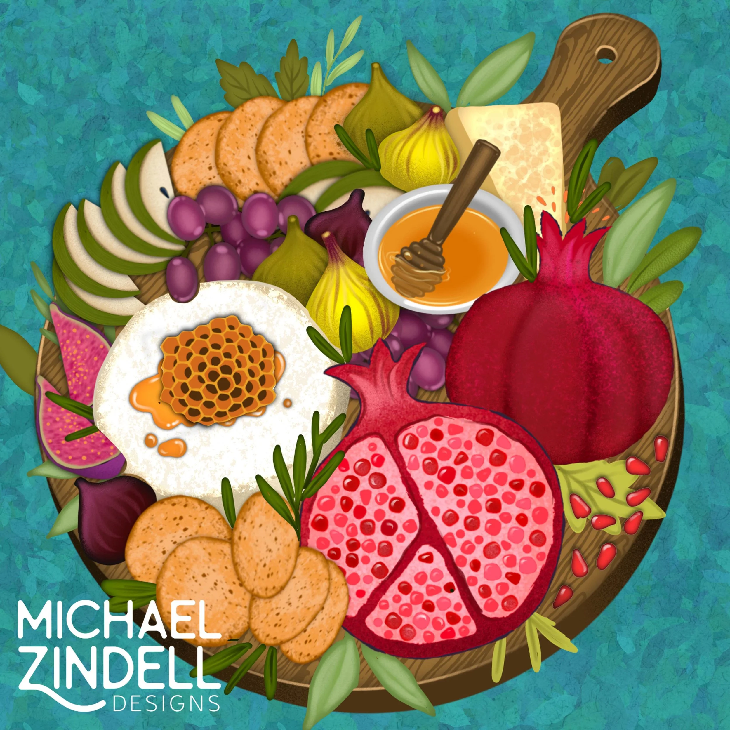Illustration of a charcuterie board with honey, various fruits including pomegranate, figs, grapes, and dragon fruit, cheese, crackers, and herbs, on a blue textured background.