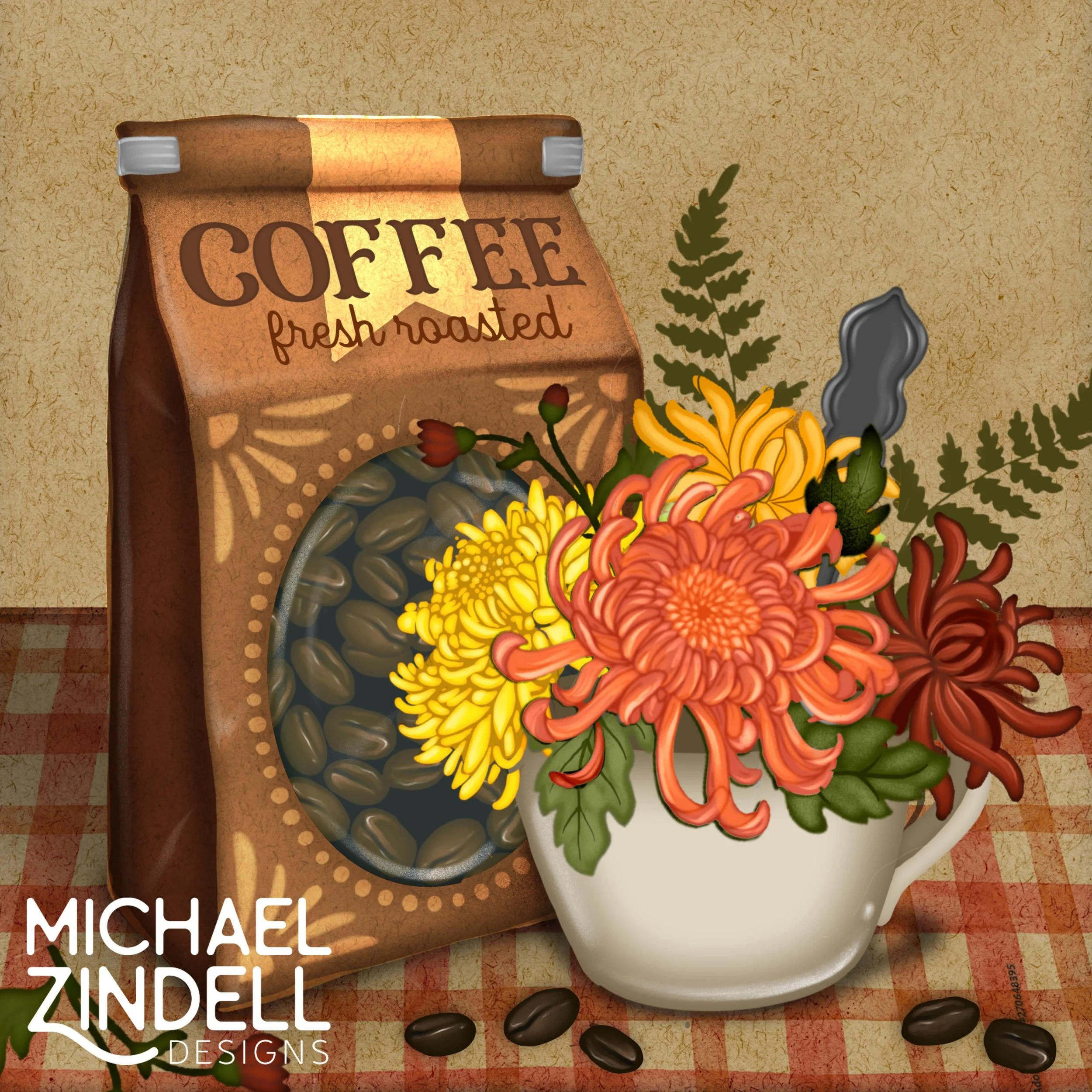Close-up of a packaged bag of fresh roasted coffee with decorative flowers and coffee beans around it, and a white cup with a floral design.