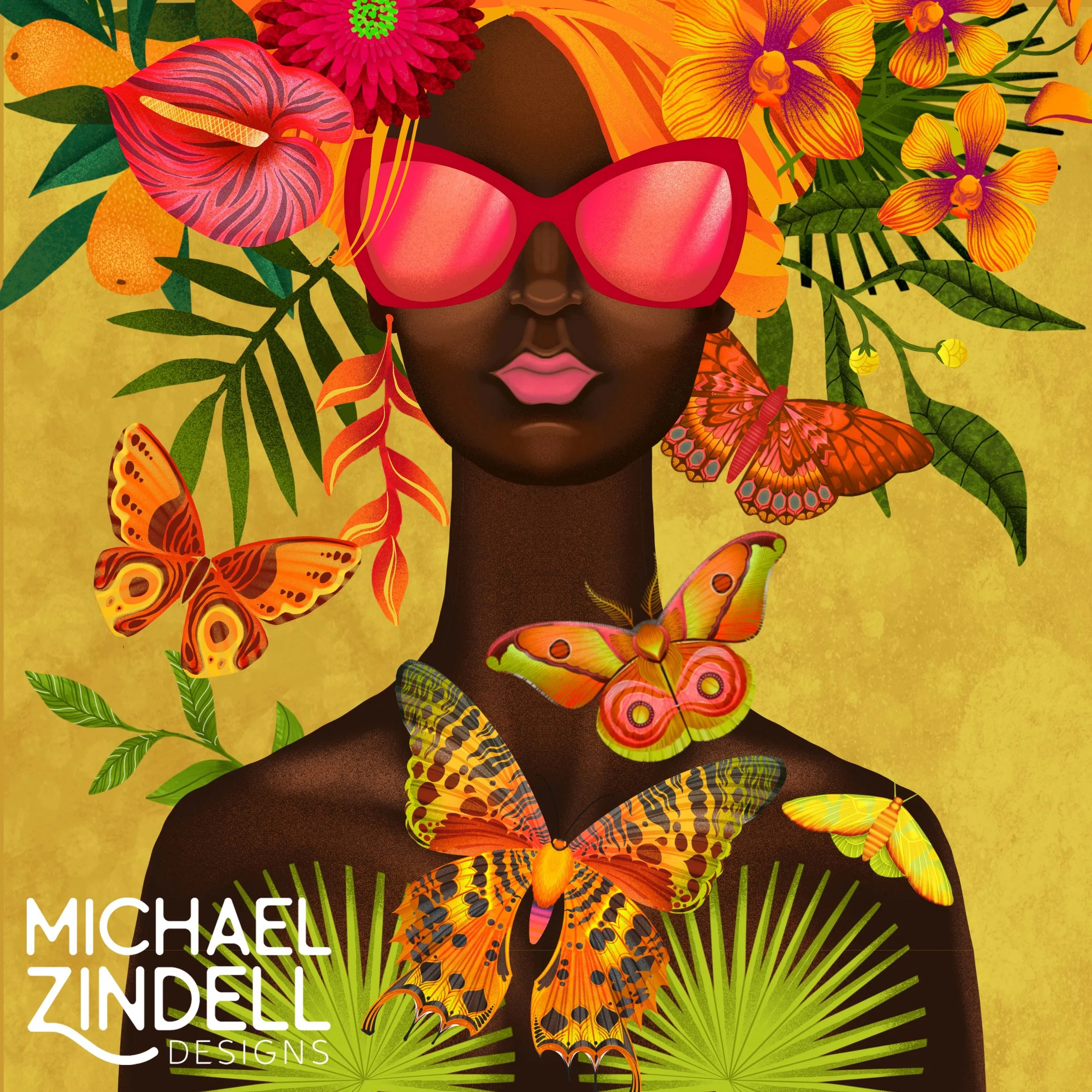 Digital artwork of a woman with dark skin, wearing pink sunglasses, with colorful flowers and butterflies around her head and shoulders, on a yellow background.