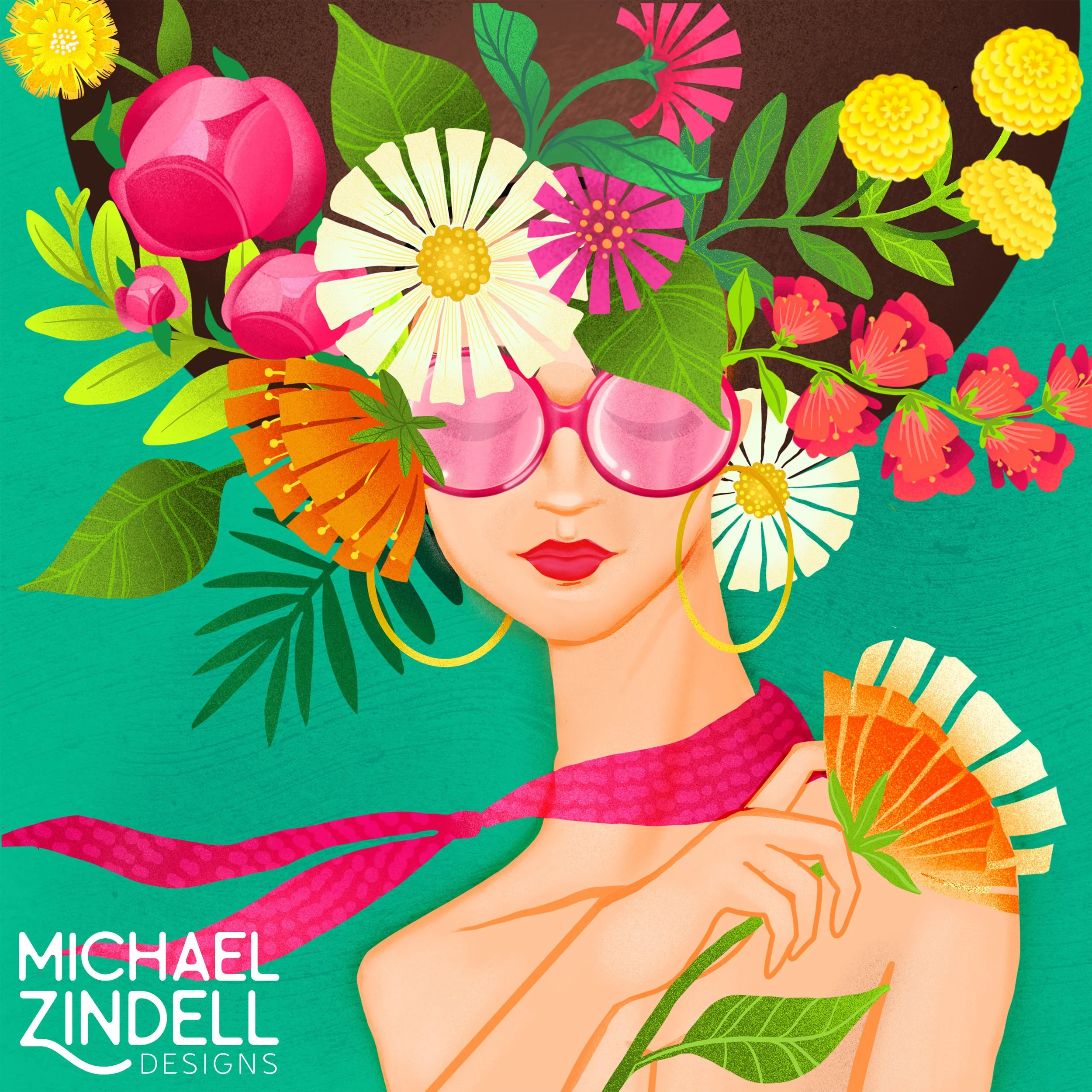 Digital illustration of a woman with floral and leaf elements in place of her hair, wearing pink sunglasses, gold hoop earrings, and holding an orange and white striped fan. She has red lipstick, a pink polka-dot scarf, and a teal background.