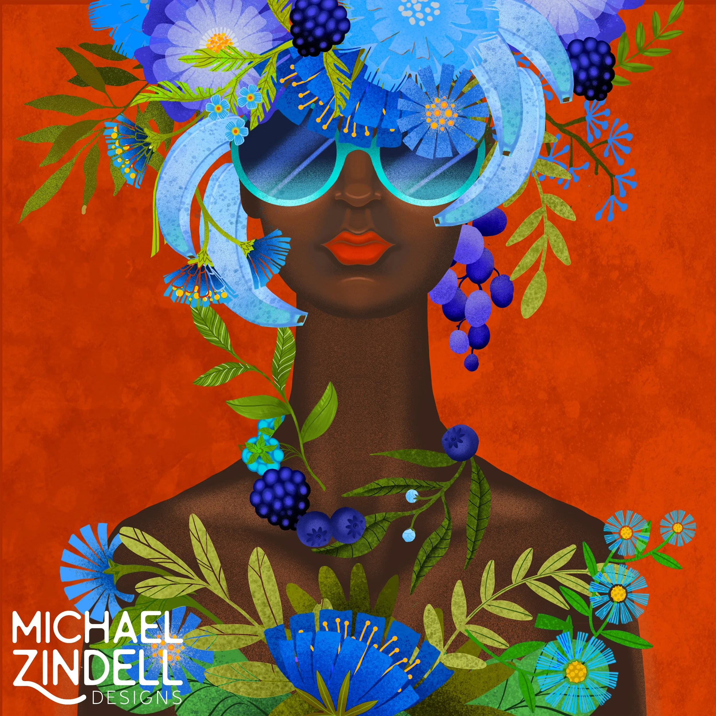 An illustration of a woman with dark skin, wearing large blue sunglasses and vibrant red lipstick. Her head is adorned with a variety of blue and purple flowers, green leaves, and berries, blending with her dark hair, against a warm orange background.