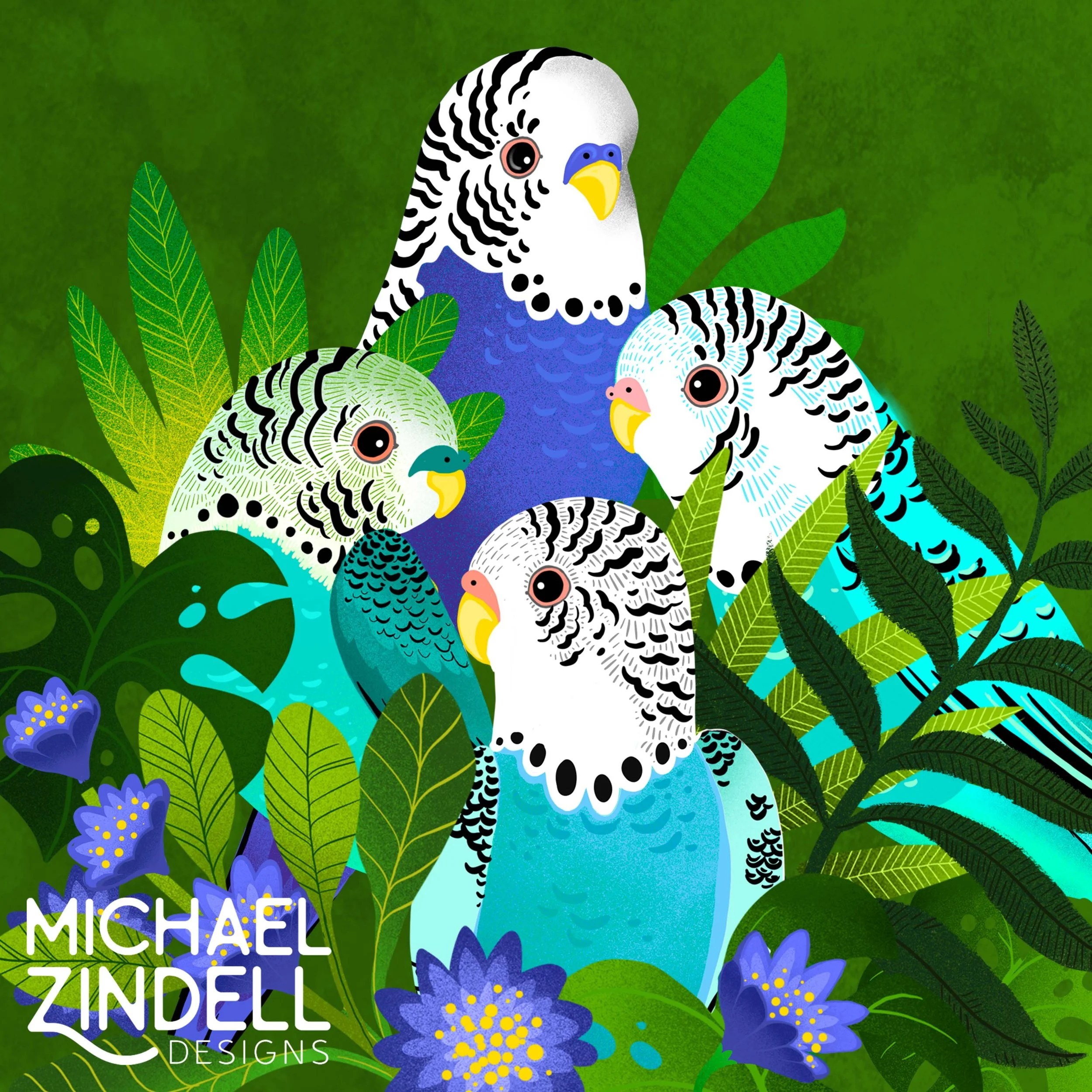 Colorful illustration of five budgerigars among green foliage and purple flowers, with the text 'Michael Zindell Designs' in the lower left corner.