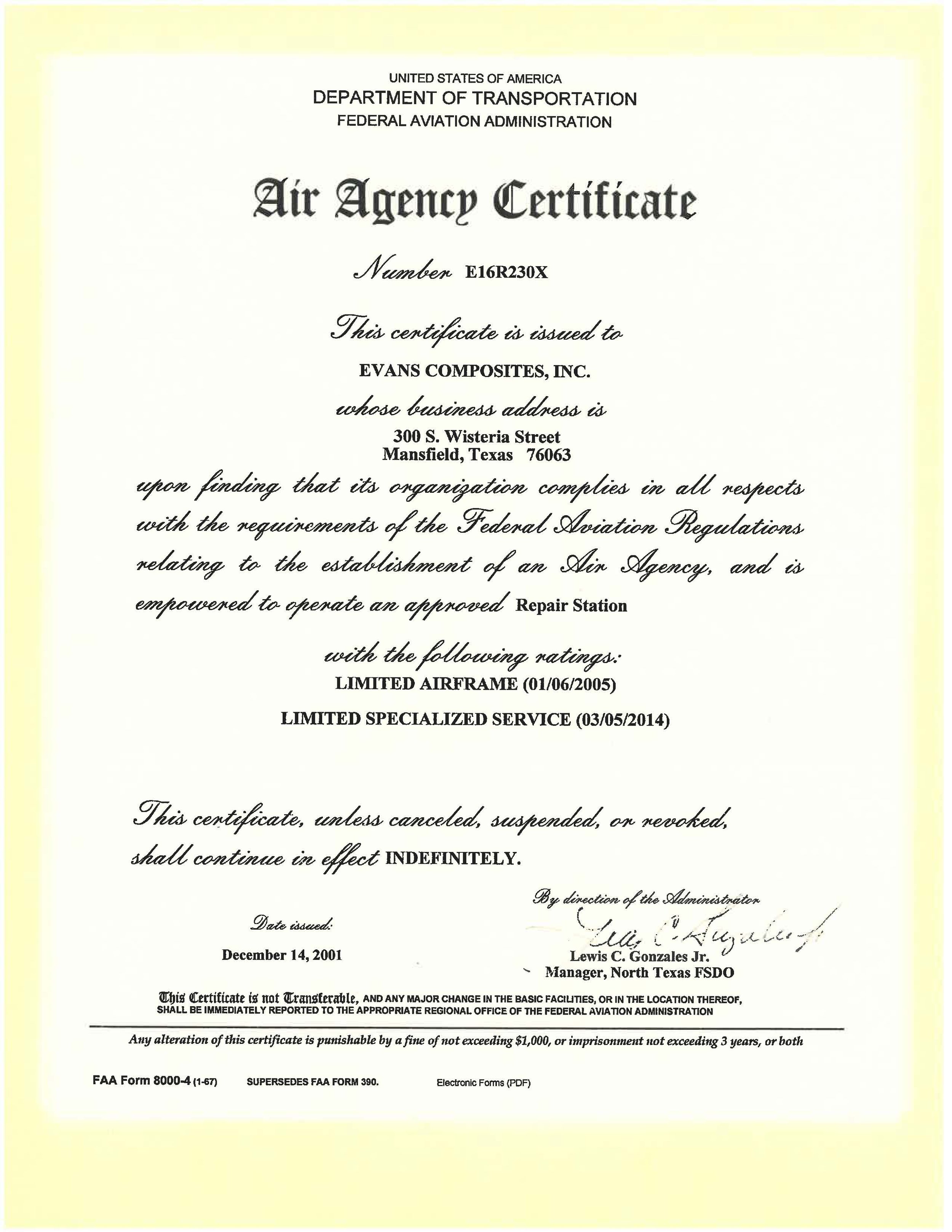 ECI FAA Air Agency Certificate E16R230X