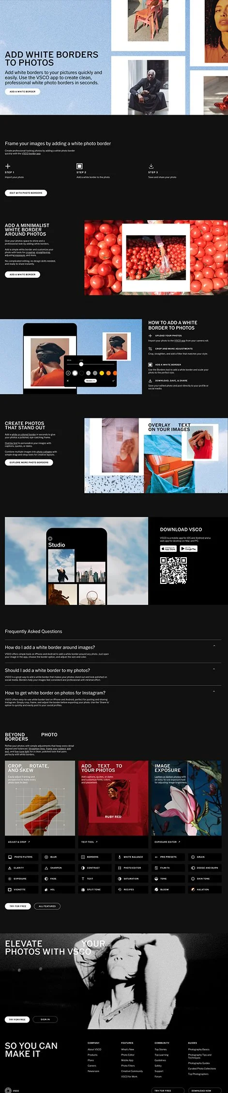 Infographic displaying steps for adding white borders to photos, creating minimalist borders, overlaying text, and editing photos with VSCO app, including tools for cropping, adjusting, and exporting images.