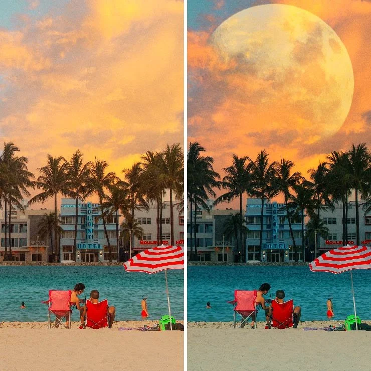 Split image of a beach scene at sunset with palm trees, a hotel building, two people sitting on red chairs under a striped red and white umbrella, and children in the water. The right side features a large full moon and darker shadows.