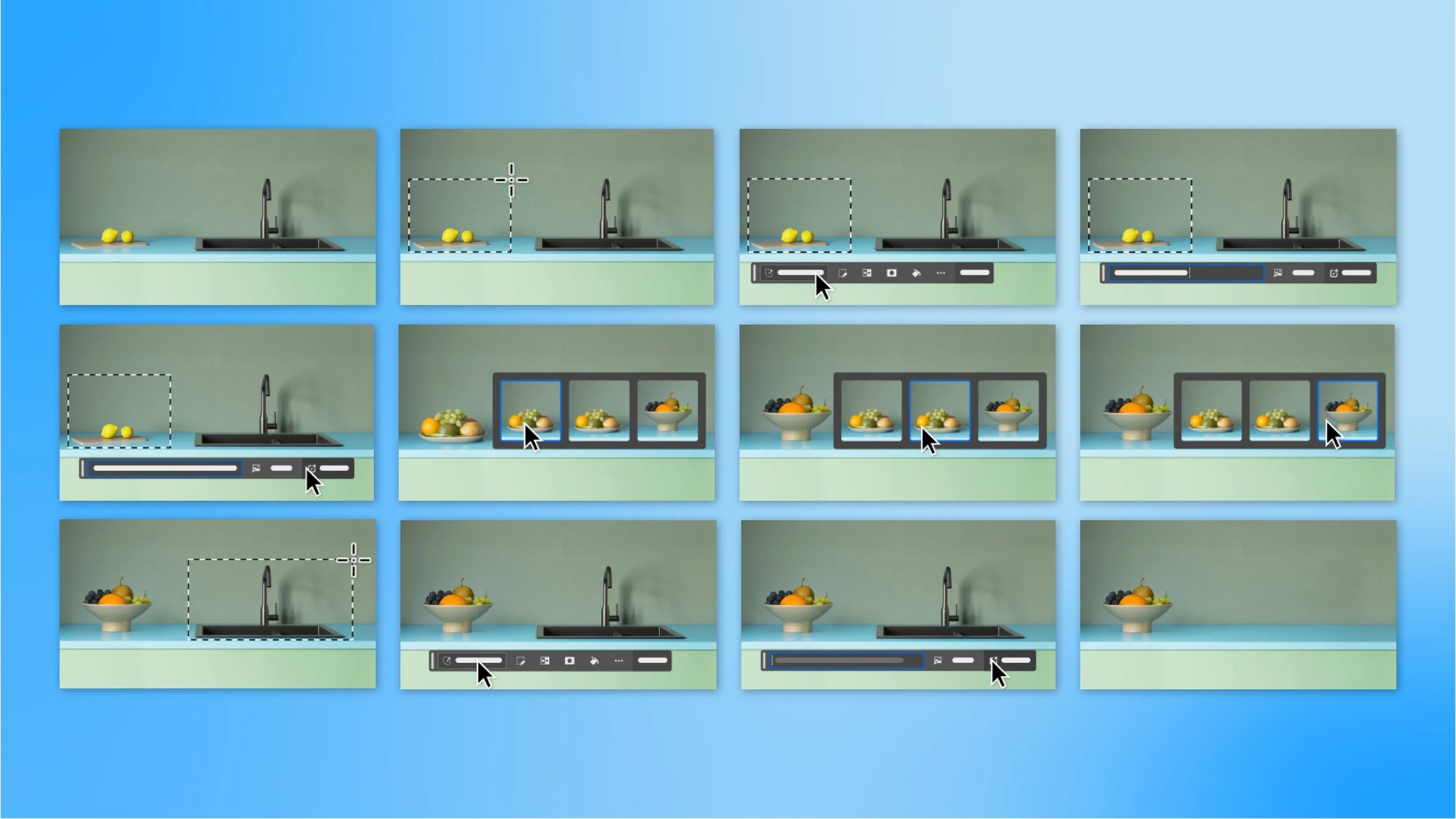 Steps demonstrating cropping an image, including selecting the area, resizing, and adjusting the shot of a bowl of fruit on a kitchen counter.