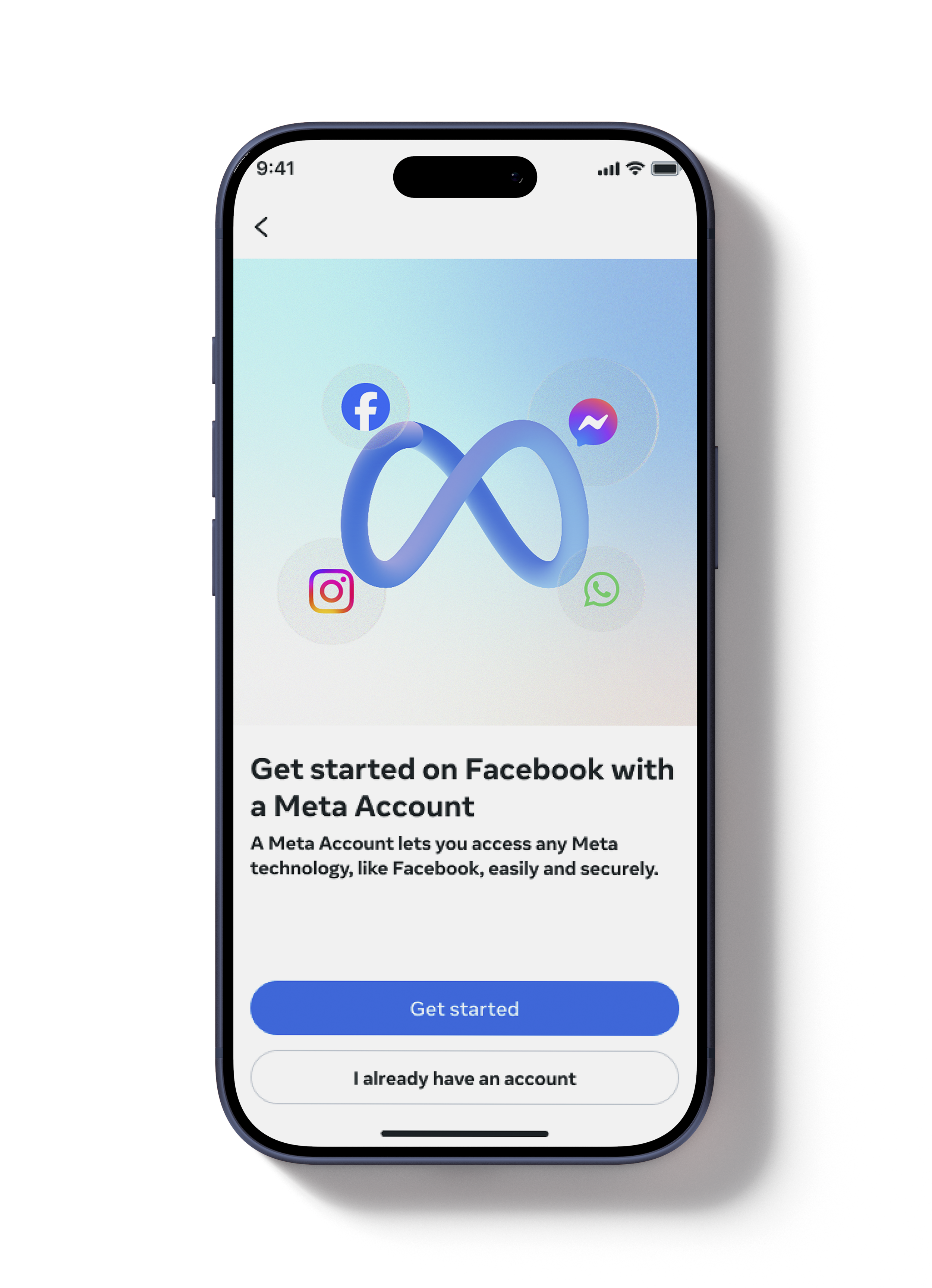 Smartphone screen displaying Facebook Meta account setup page with options to get started or log in, featuring social media icons for Facebook, Messenger, Instagram, and WhatsApp.