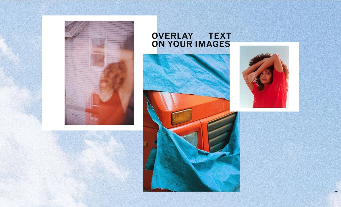 A collage of three images placed on a light blue sky background with clouds, featuring a blurred woman in an orange top, an orange vehicle covered with a blue tarp, and a woman with curly hair in a red shirt with arms raised above her head.