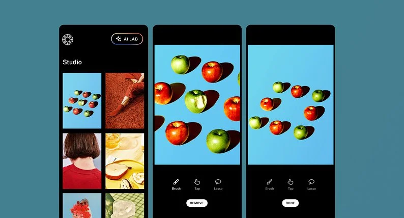 Smartphones displaying a photo editing app with images of apples and shadows on a blue background. AI Lab, AI Remove, in product marketing by Kirsten Townsend
