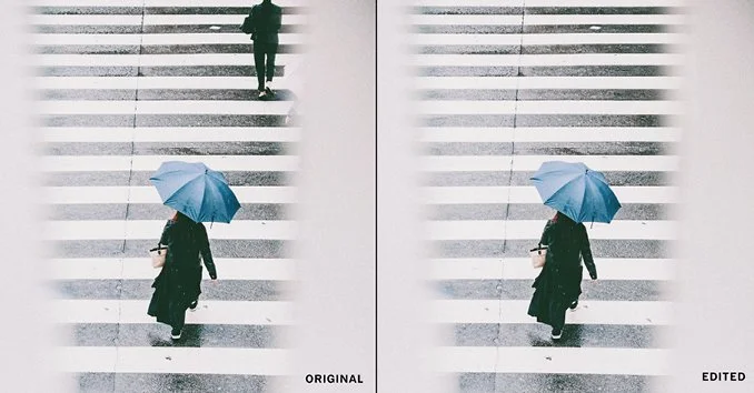 Two side-by-side images of a pedestrian crossing a crosswalk in rain; the left labeled 'original' shows a person with an umbrella and a person walking upstairs, the right labeled 'edited' shows only the person with an umbrella without the person walking upstairs.