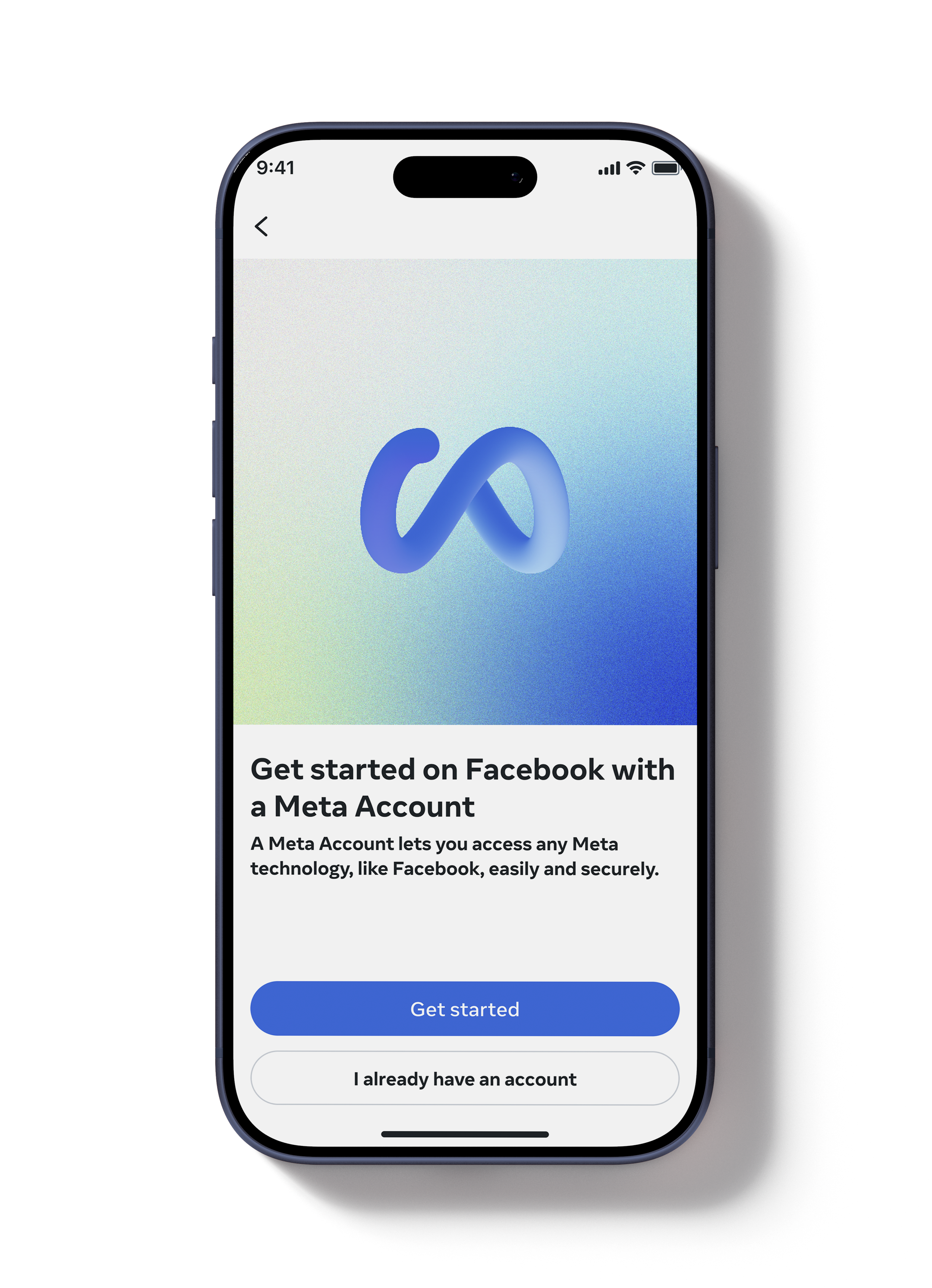 Smartphone screen displaying Facebook Meta account creation page with a blue Meta logo, a "Get started" button, and a "I already have an account" link.