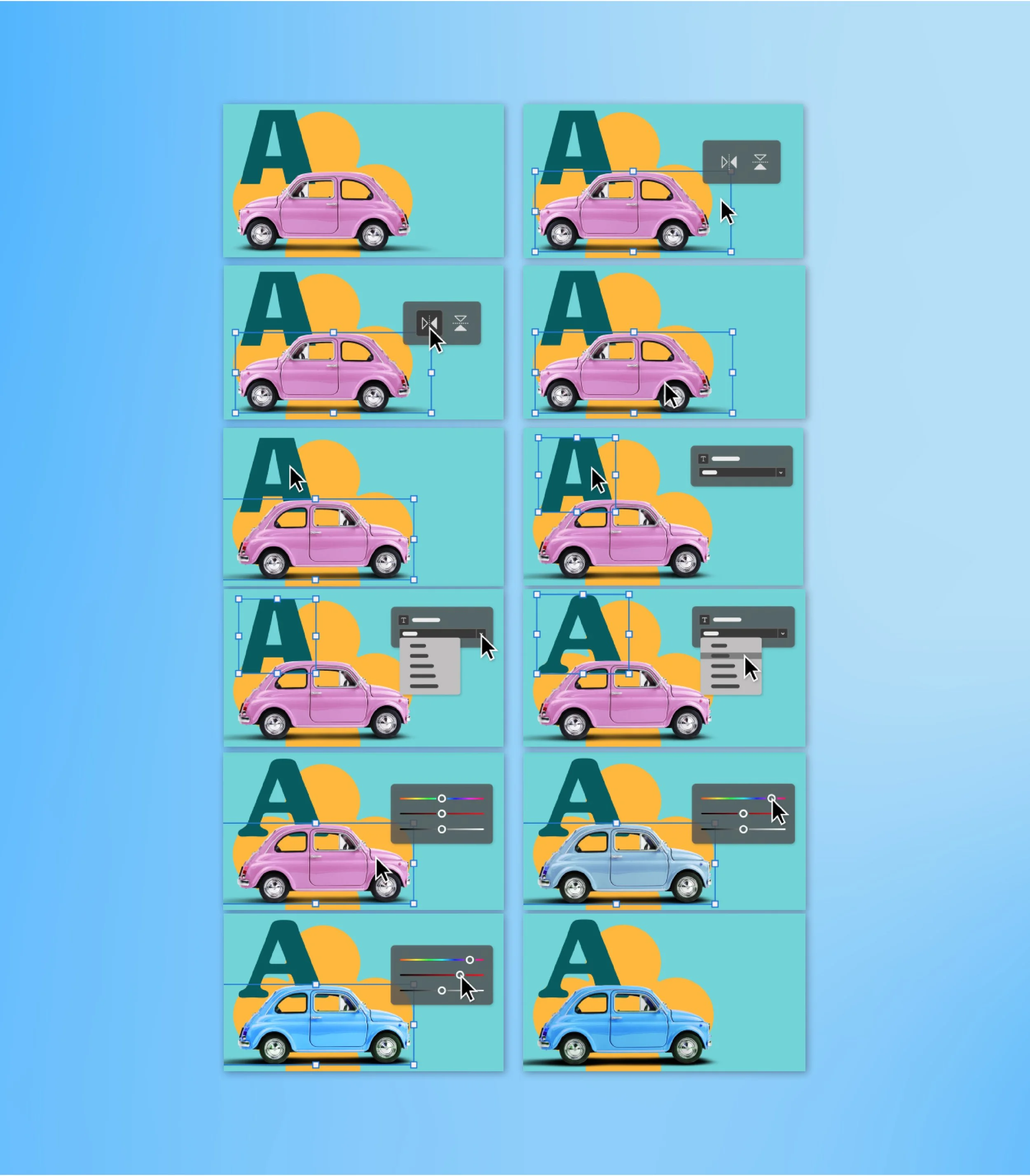 A digital illustration showing the process of customizing a pink vintage car, with steps including changing color, adjusting sliders, and editing text.