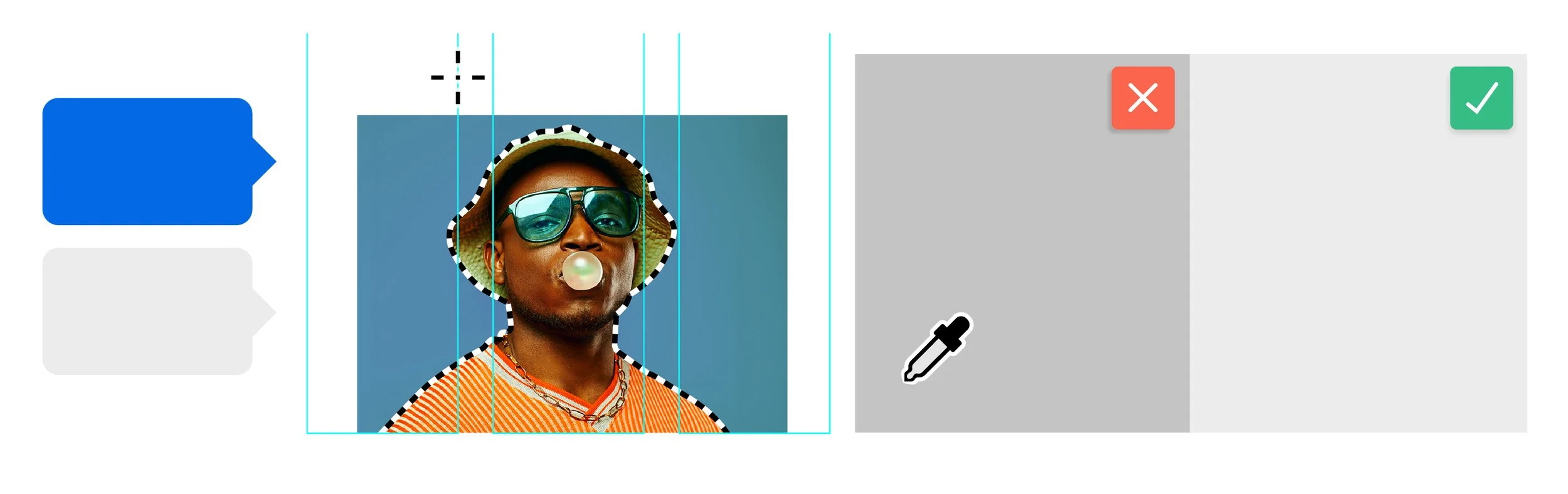 Photo editing interface showing a portrait of a person wearing sunglasses and blowing a bubble, with crop and selection tools visible.