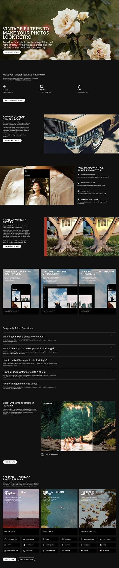 An infographic about vintage photo filters and effects. It includes sections on how to add vintage filters, popular filters, using filters on a phone or desktop, and applying effects like film, grain, and blur. Also features a screen capture section and frequently asked questions.