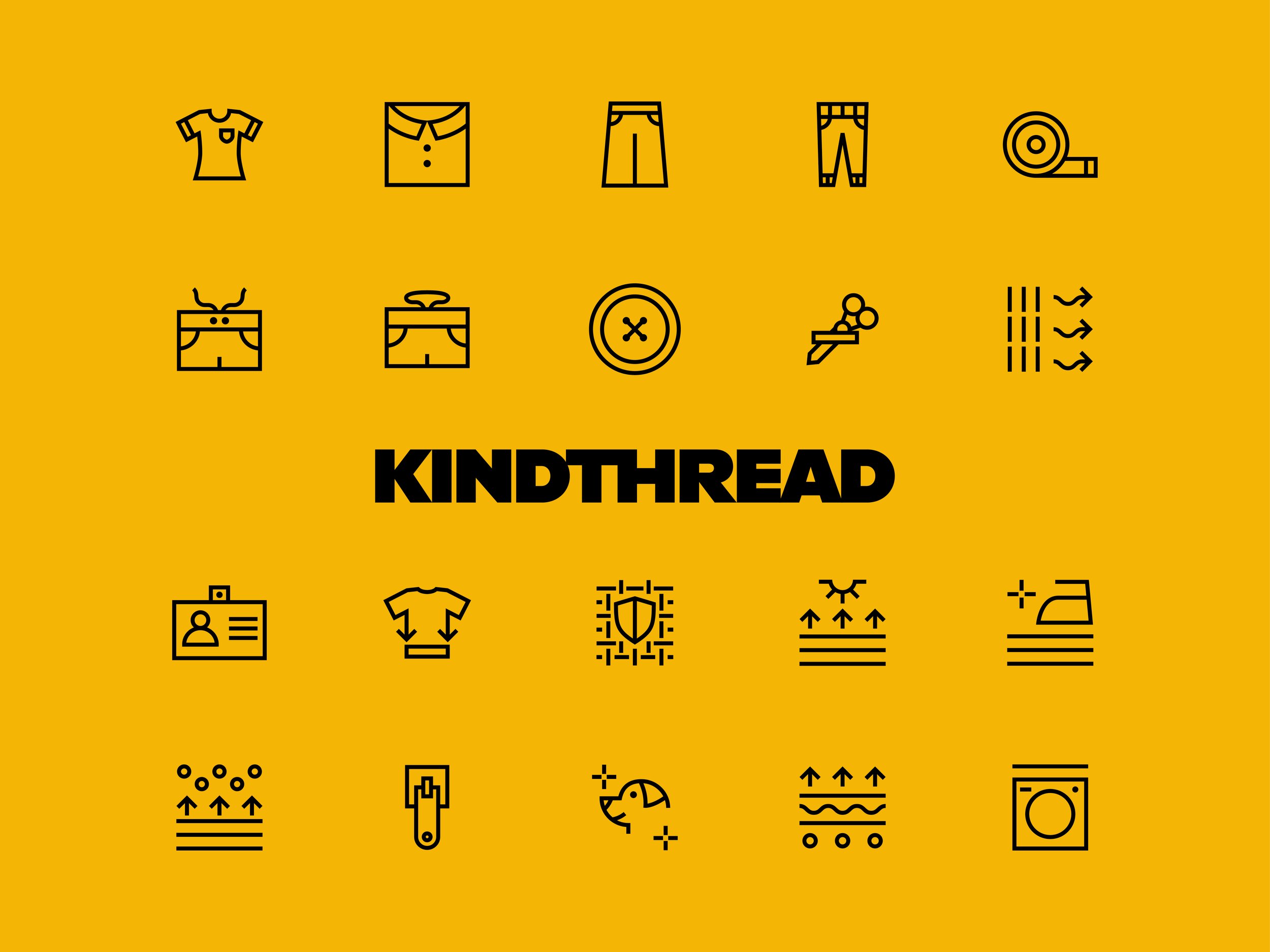 A yellow background with black line icons representing clothing, laundry, and laundry services. The icons include a t-shirt, a collared shirt, pants, jeans, a measuring tape, a steaming washing machine, a folded towel, a button, a washcloth, stripes 