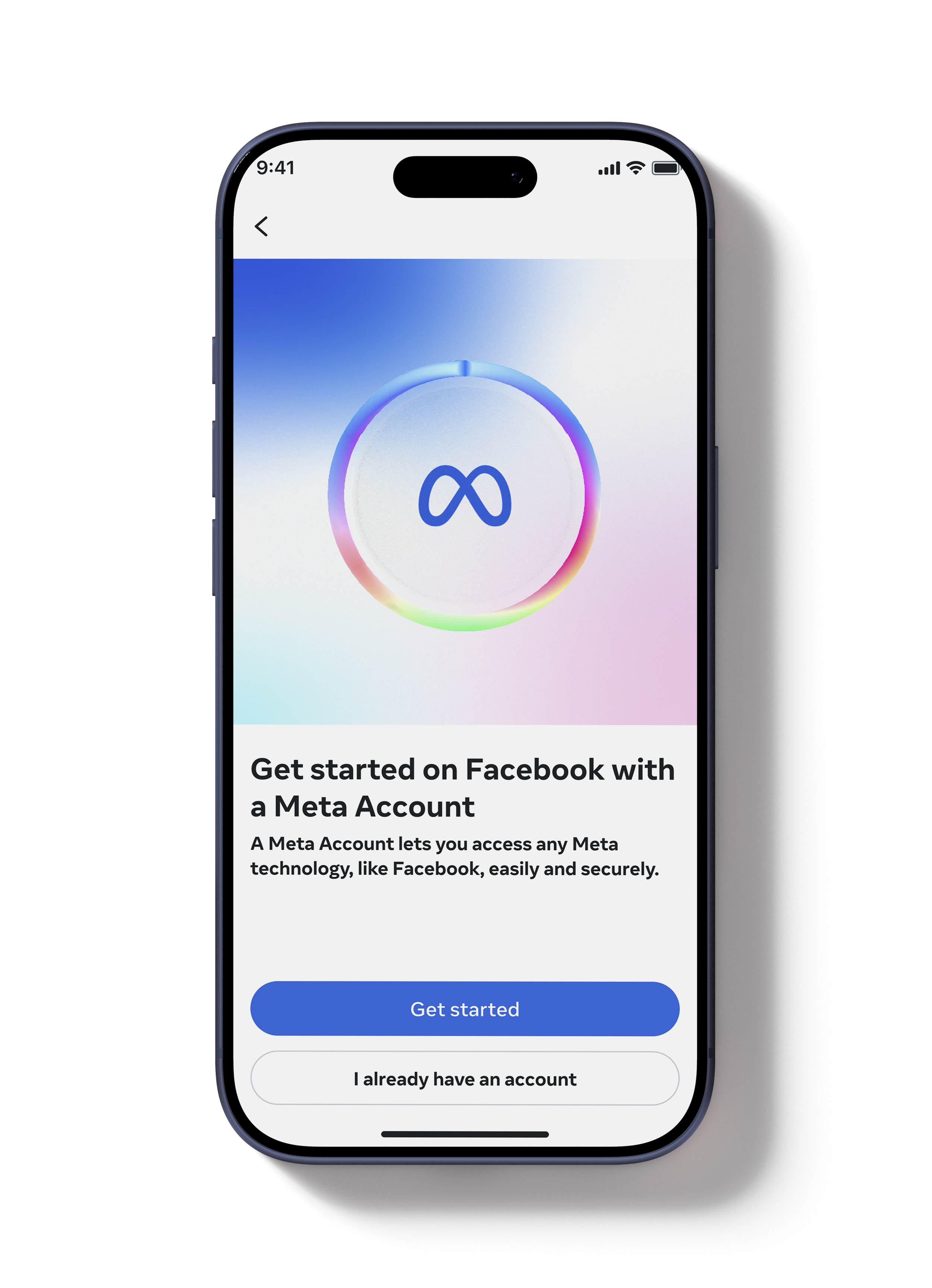 Smartphone screen displaying Facebook Meta account setup page with the Meta logo, a get started button, and a prompt for existing users.