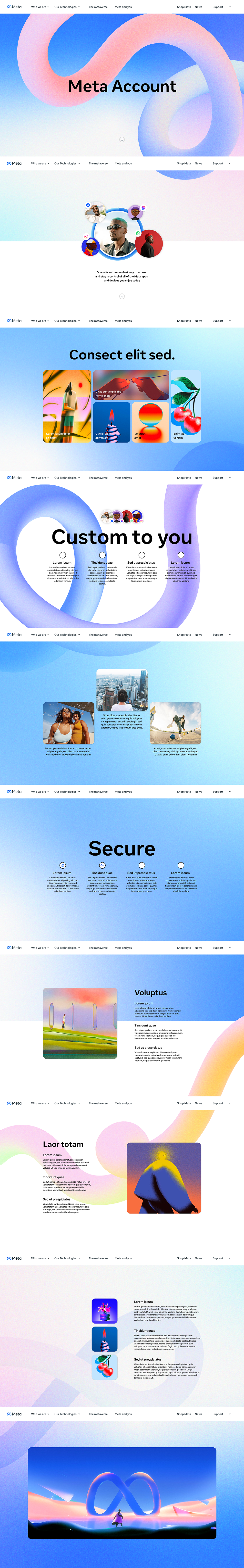 A colorful webpage design featuring abstract shapes, images of people, and text sections about a meta account, customization, security, and various topics.
