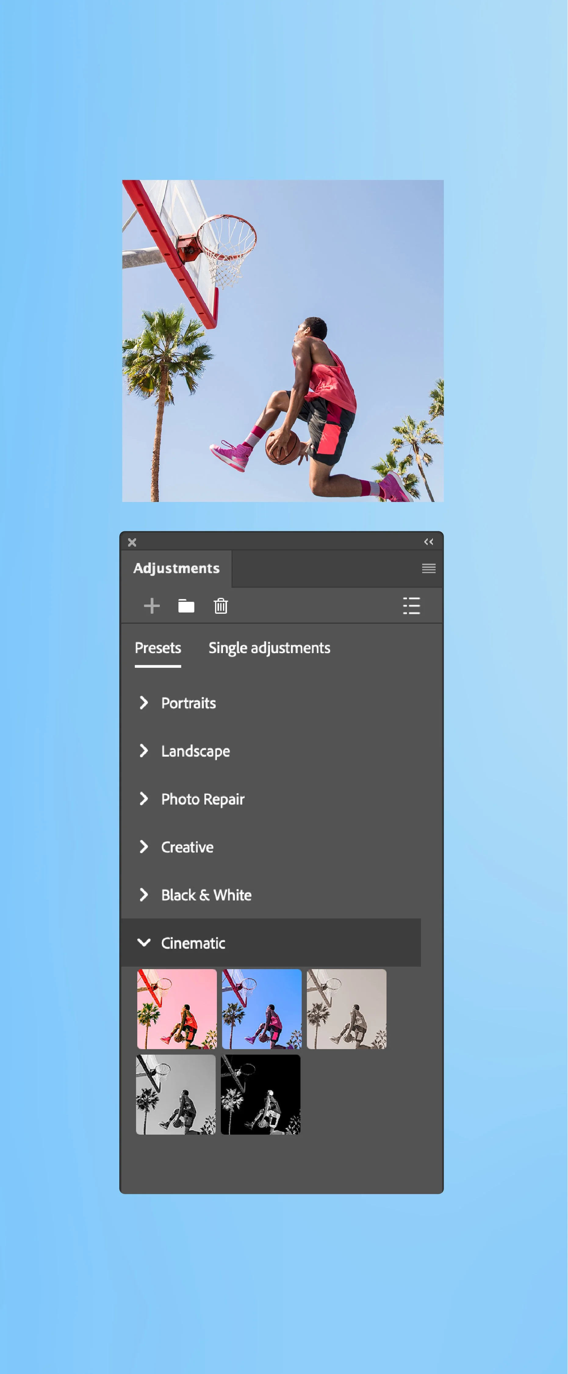 A person in a pink sports outfit is performing a slam dunk during a basketball game outdoors on a sunny day, with palm trees in the background and a blue sky.