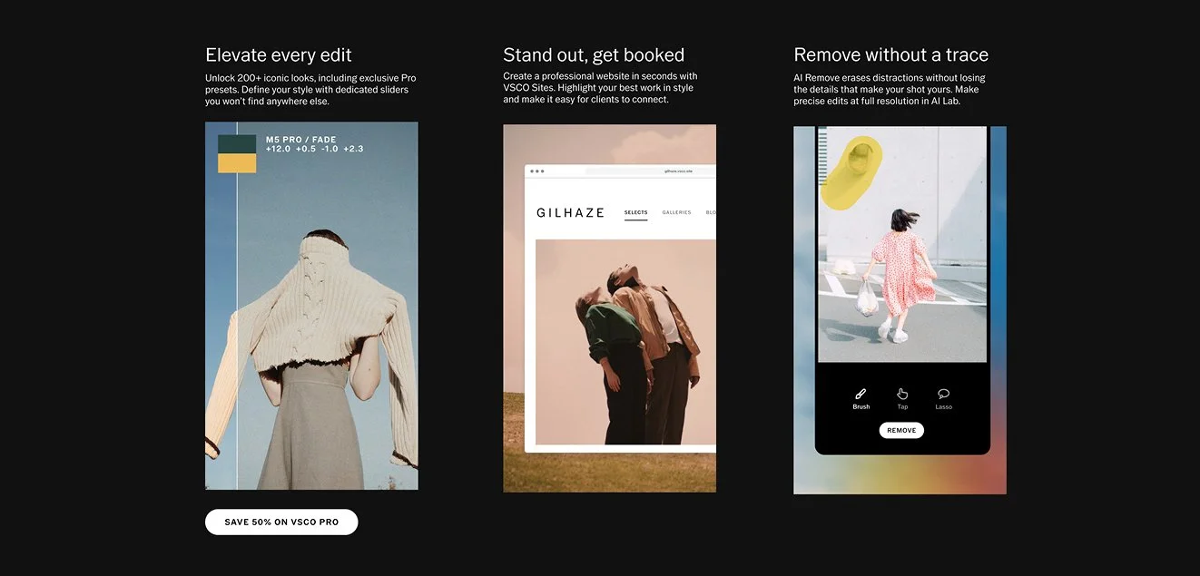 Three sections promoting photo editing features. The first shows a woman in a beige sweater with a vertical line of text, "Elevate every edit," and a button for 50% off VSCO Pro. The second features two people with their heads tilted back, titled "Stand out, get booked," highlighting creating a professional website. The third displays a girl in a pink dress walking on a street with a yellow balloon, with options for removing background distractions and a "Remove" button.