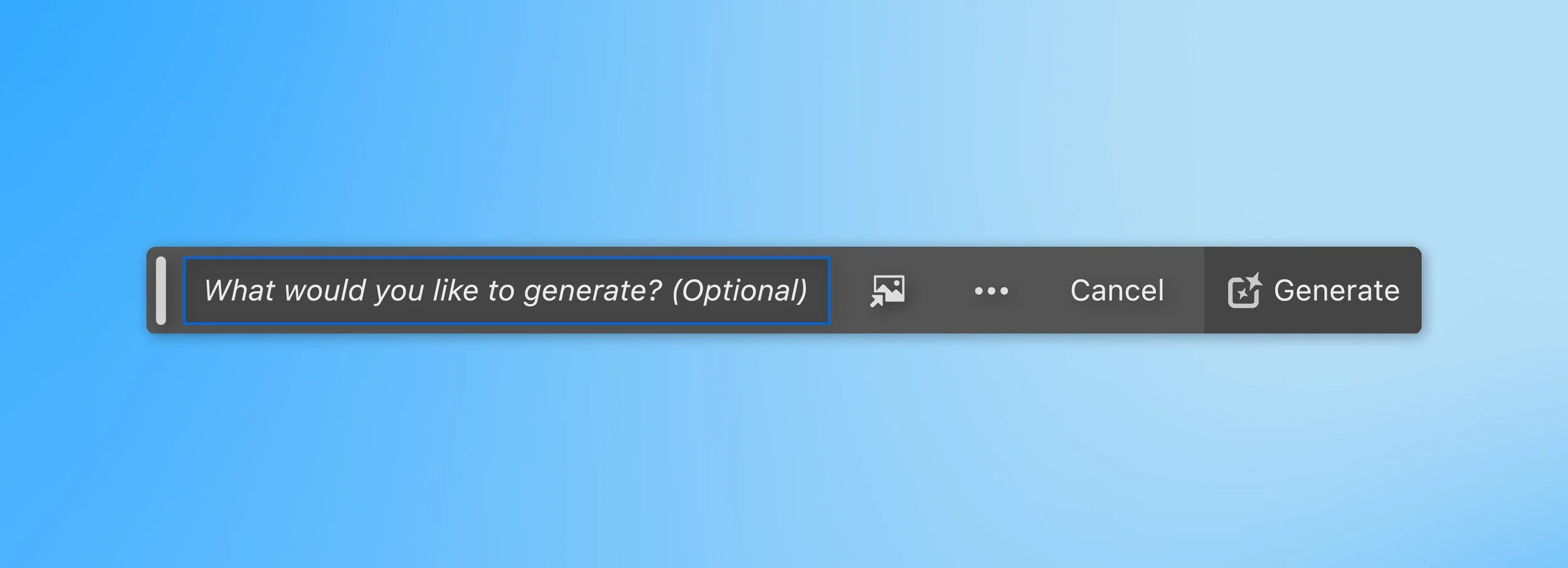 A computer screen showing an AI image generator prompt box with the text 'What would you like to generate? (Optional)', alongside icons for image input, settings, cancel, and generate, set against a blue background.