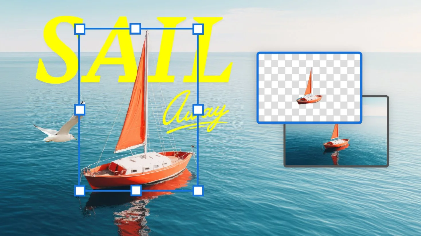 Sailboat on the water with a seagull flying nearby, and the words 'Sail' in large yellow letters and 'August' in smaller yellow cursive text overlaying the image, with two smaller images of the sailboat on the right side.