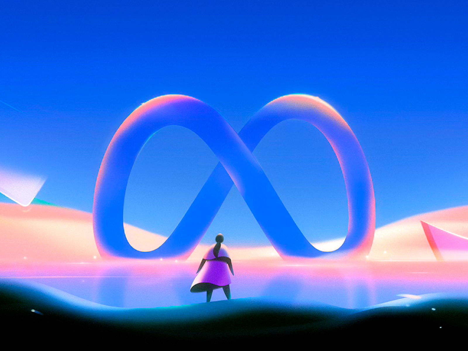 Futuristic digital artwork featuring a woman with short hair and a purple dress standing before a large, glowing infinity symbol against a vibrant, colorful sky with pink and blue hues.