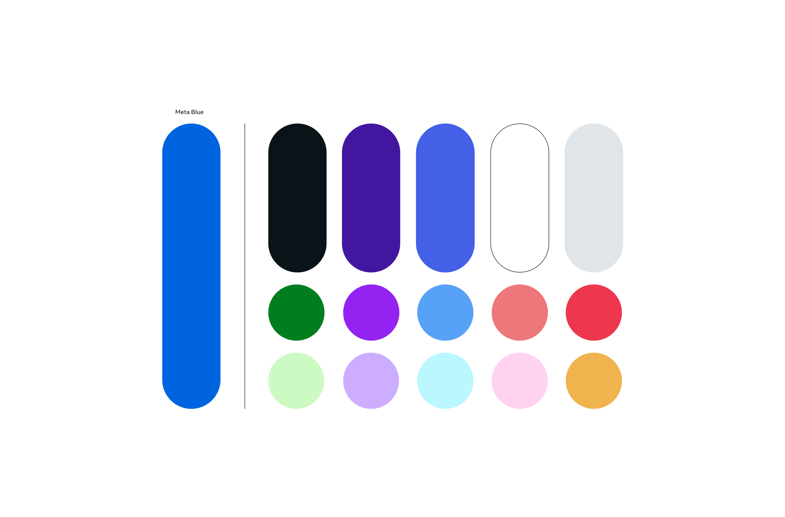 Color palette with seven vertical elongated circles in various shades, labeled from left to right with a large blue circle labeled Meta Blue, followed by black, purple, blue, white, gray, and a gradient of small circles underneath the larger ones showing different colors.