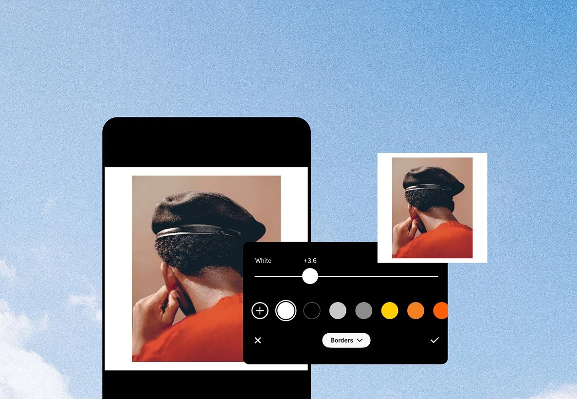 Digital editing of a photo of a person with short hair and a hat, viewed from behind, with color adjustment tools and a smaller version of the same photo on a blue sky background.