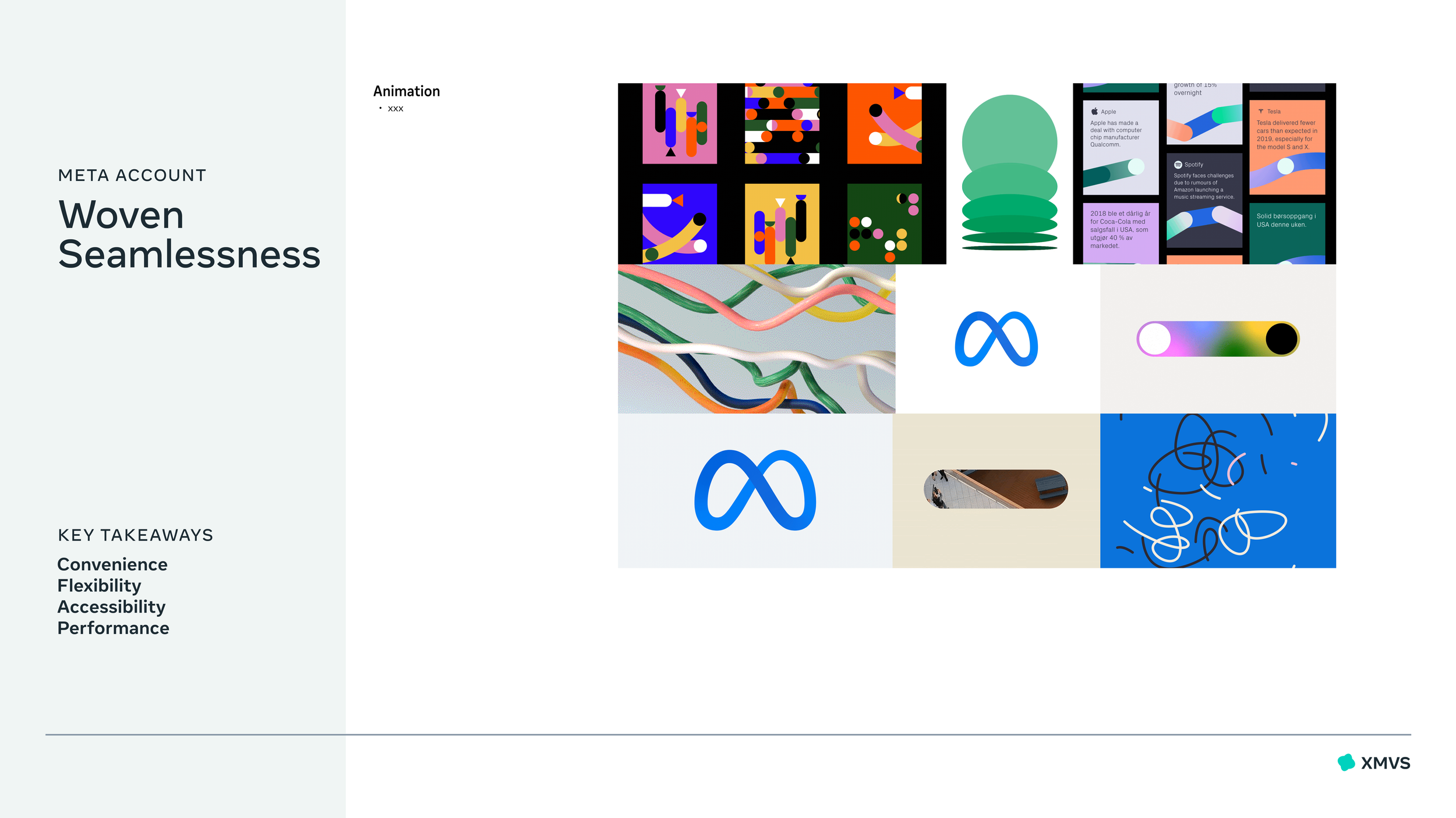 A presentation slide titled "Woven Seamlessness" featuring a grid of colorful digital illustrations, logos, and abstract designs. The left side has text reflecting meta information, key takeaways, and a small logo at the bottom right.