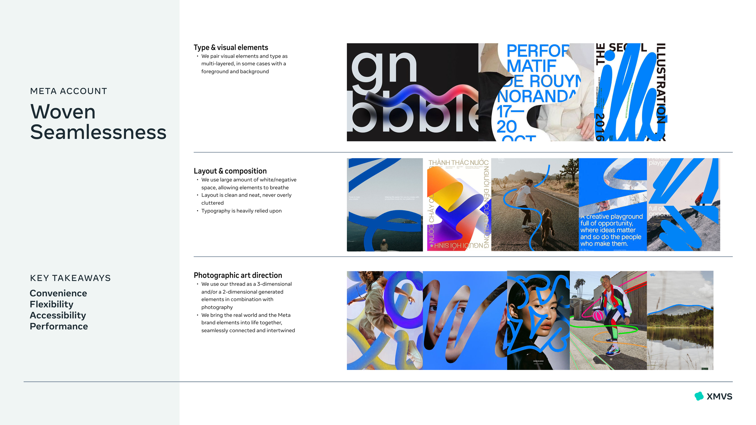 A presentation slide titled 'Woven Seamlessness' discusses design principles such as type & visual elements, layout & composition, and photographic art direction. The slide includes various visual examples, abstract graphics, photographs of outdoor scenes and people, with key takeaways emphasizing convenience, flexibility, accessibility, and performance.